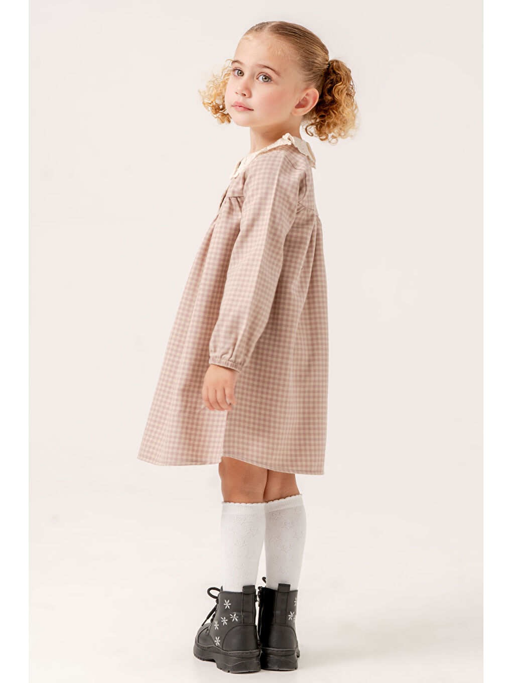 Pembe Kız Bebek Gül Kurusu Ekose Yaka Detaylı 1-5 Yaş Elbise 3705-2-4