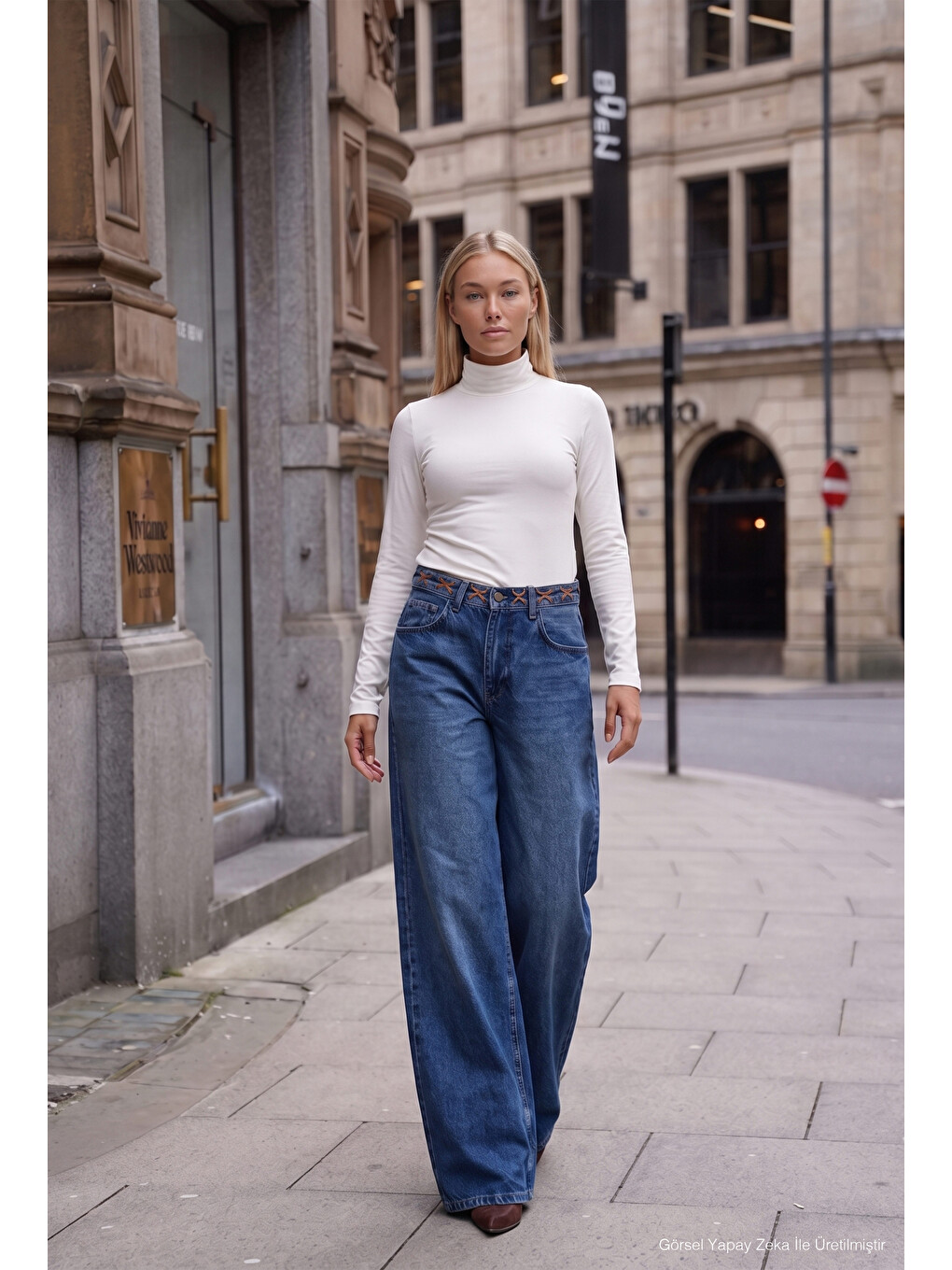 Kadın Mavi 2w6-5 Palazzo Fit Kemer Detaylı Özel Tasarım Denim Jean-4