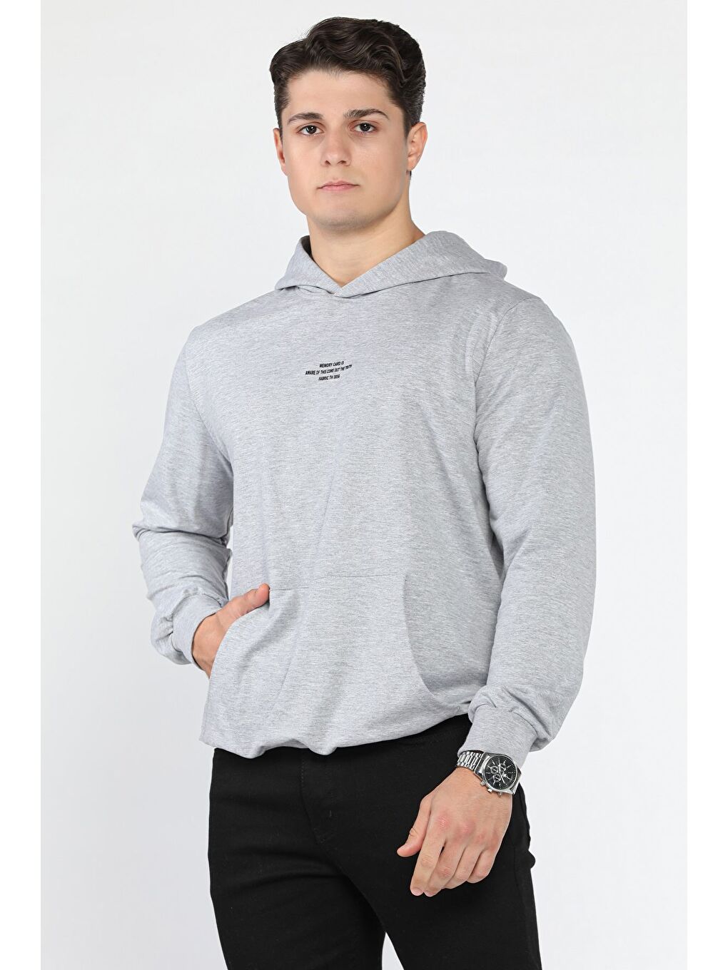 Gri Erkek Kapüşonlu Kanguru Cepli Sweatshirt-1