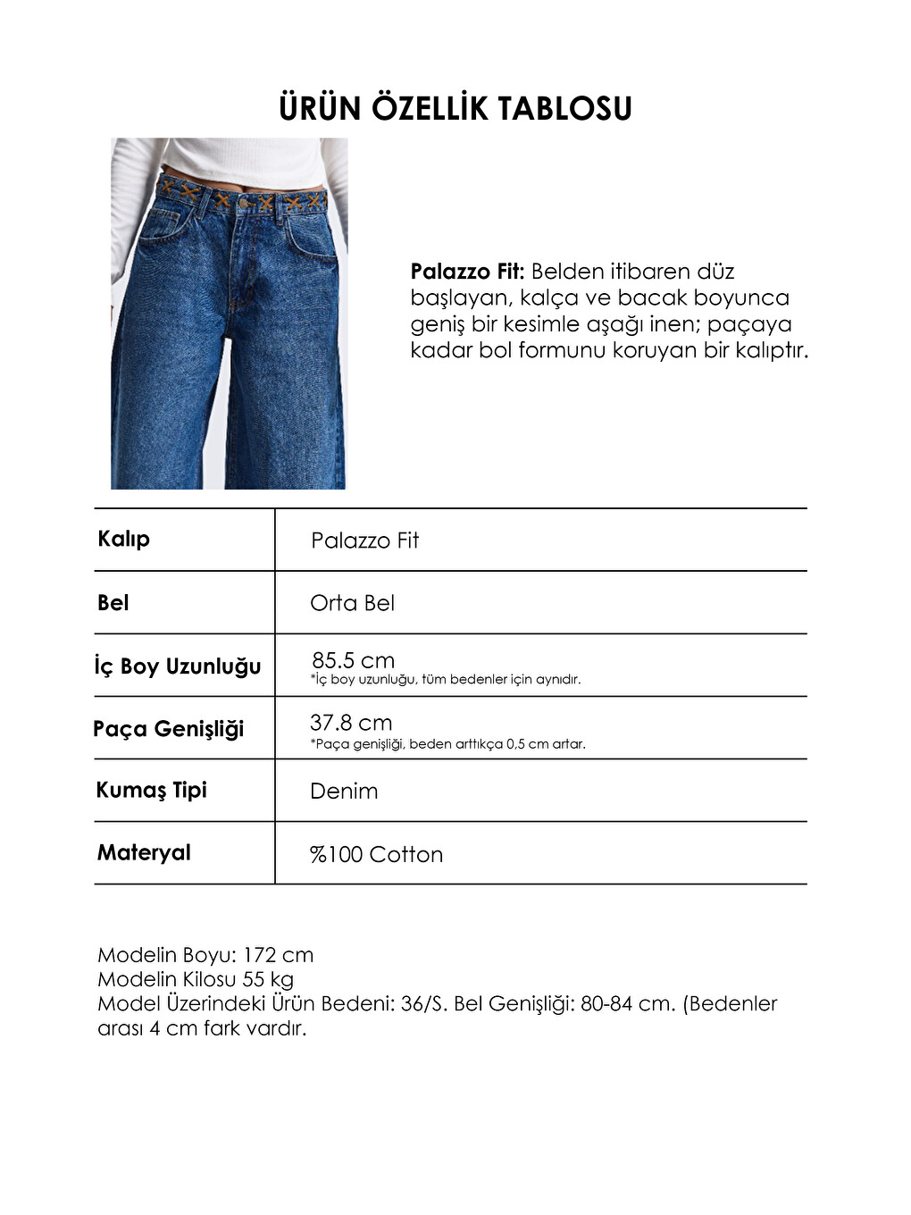 Kadın Mavi 2w6-5 Palazzo Fit Kemer Detaylı Özel Tasarım Denim Jean-5