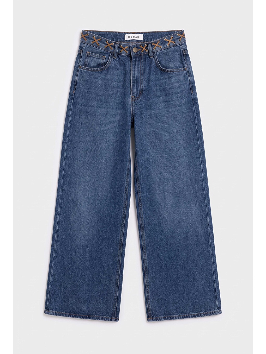 Kadın Mavi 2w6-5 Palazzo Fit Kemer Detaylı Özel Tasarım Denim Jean-6