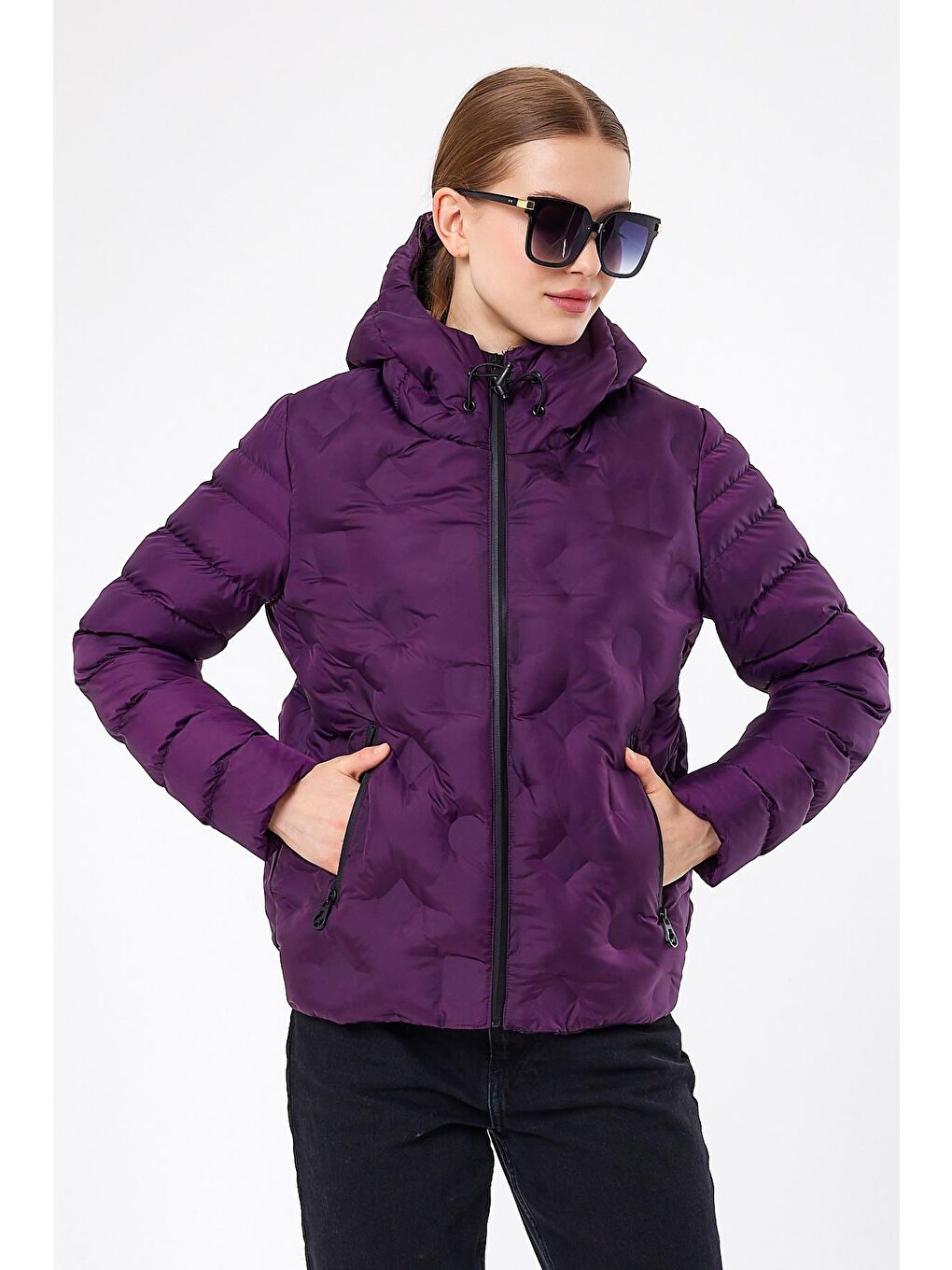 Mor Kadın şişme Mont Kapüşonlu