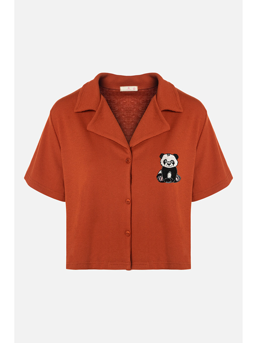 Turuncu Kadın Gömlek Yaka Rakun Nakışlı Fitilli Örme Pijama Takımı-1