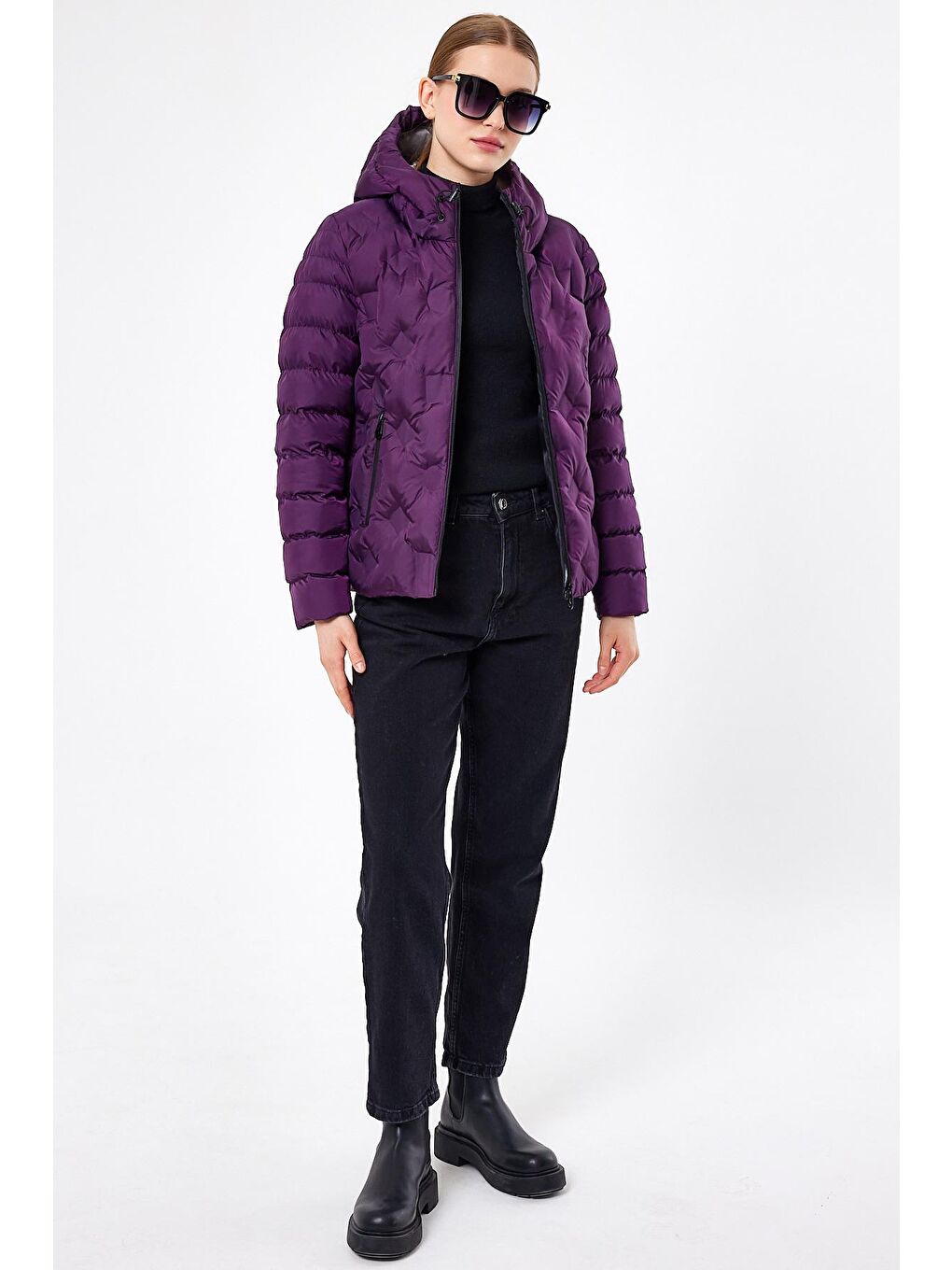 Mor Kadın şişme Mont Kapüşonlu-1