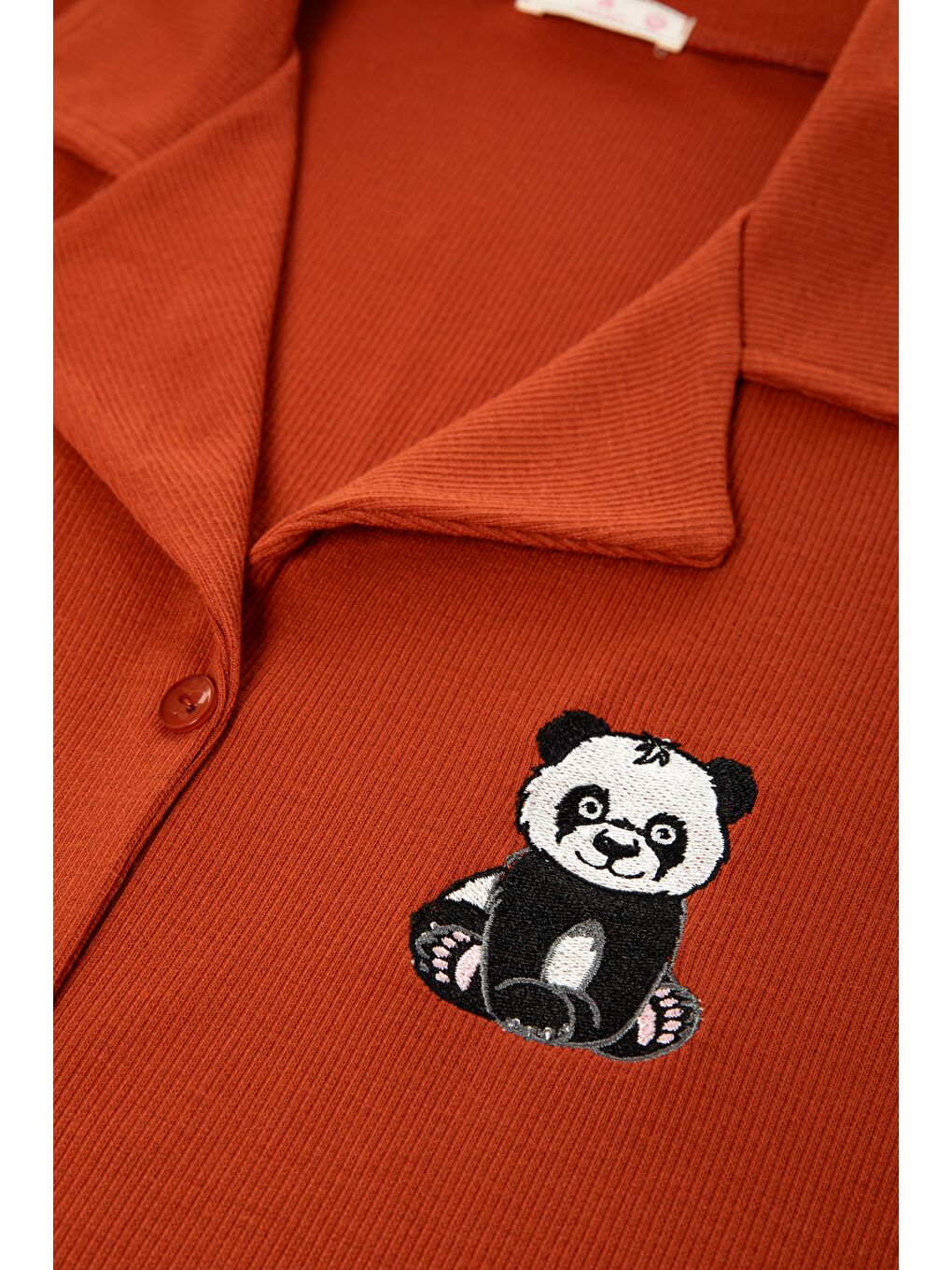 Turuncu Kadın Gömlek Yaka Rakun Nakışlı Fitilli Örme Pijama Takımı-3