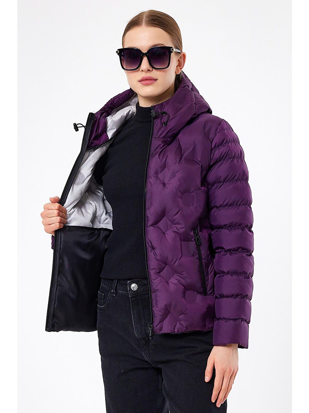 Mor Kadın şişme Mont Kapüşonlu-2