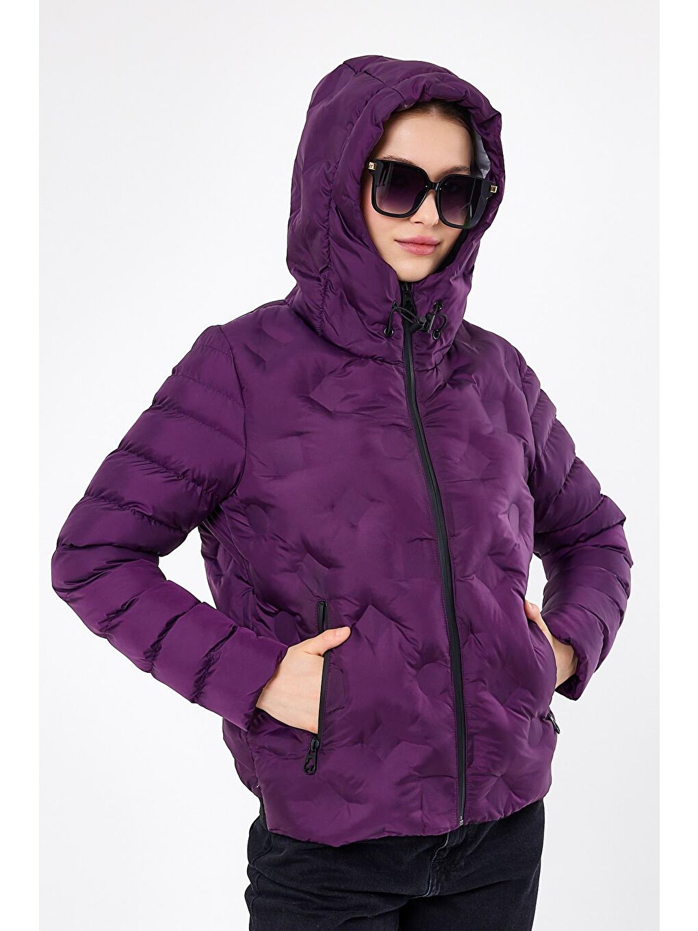 Mor Kadın şişme Mont Kapüşonlu-3