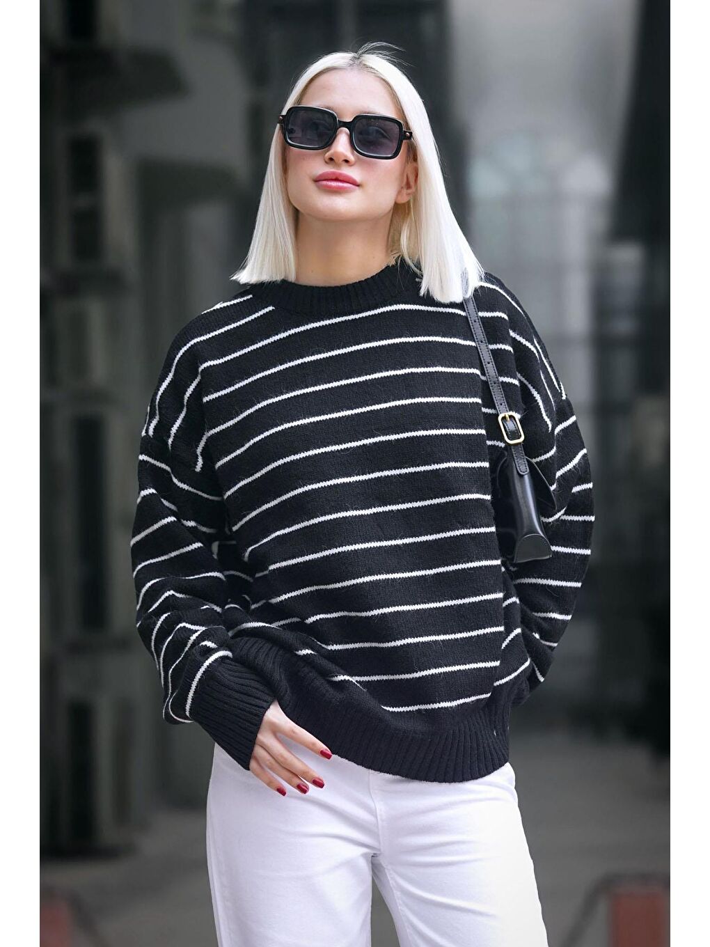 Siyah Çizgili Kadın Triko Kazak Mg1262-1