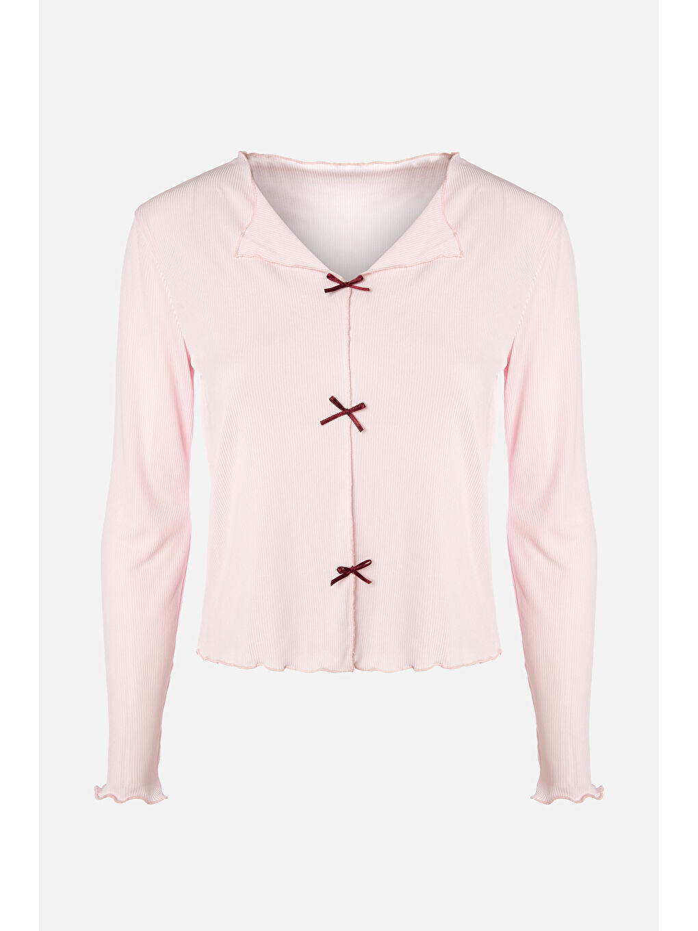 Kadın Kaşkorse Pembe Baby Overloklu Fiyonk Detaylı Uzun Kollu Pijama Takımı-1