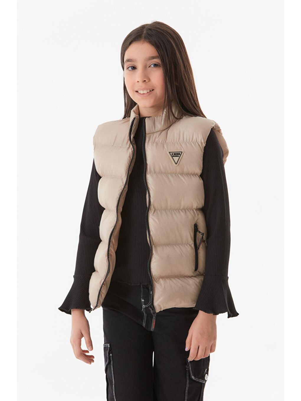 Bej Fermuarlı Dik Yaka Unisex Çocuk Yelek