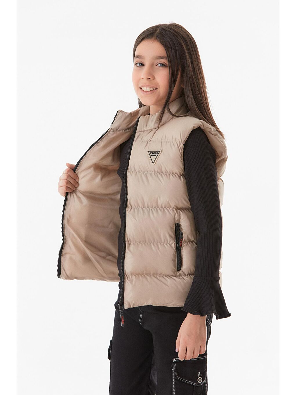 Bej Fermuarlı Dik Yaka Unisex Çocuk Yelek-1