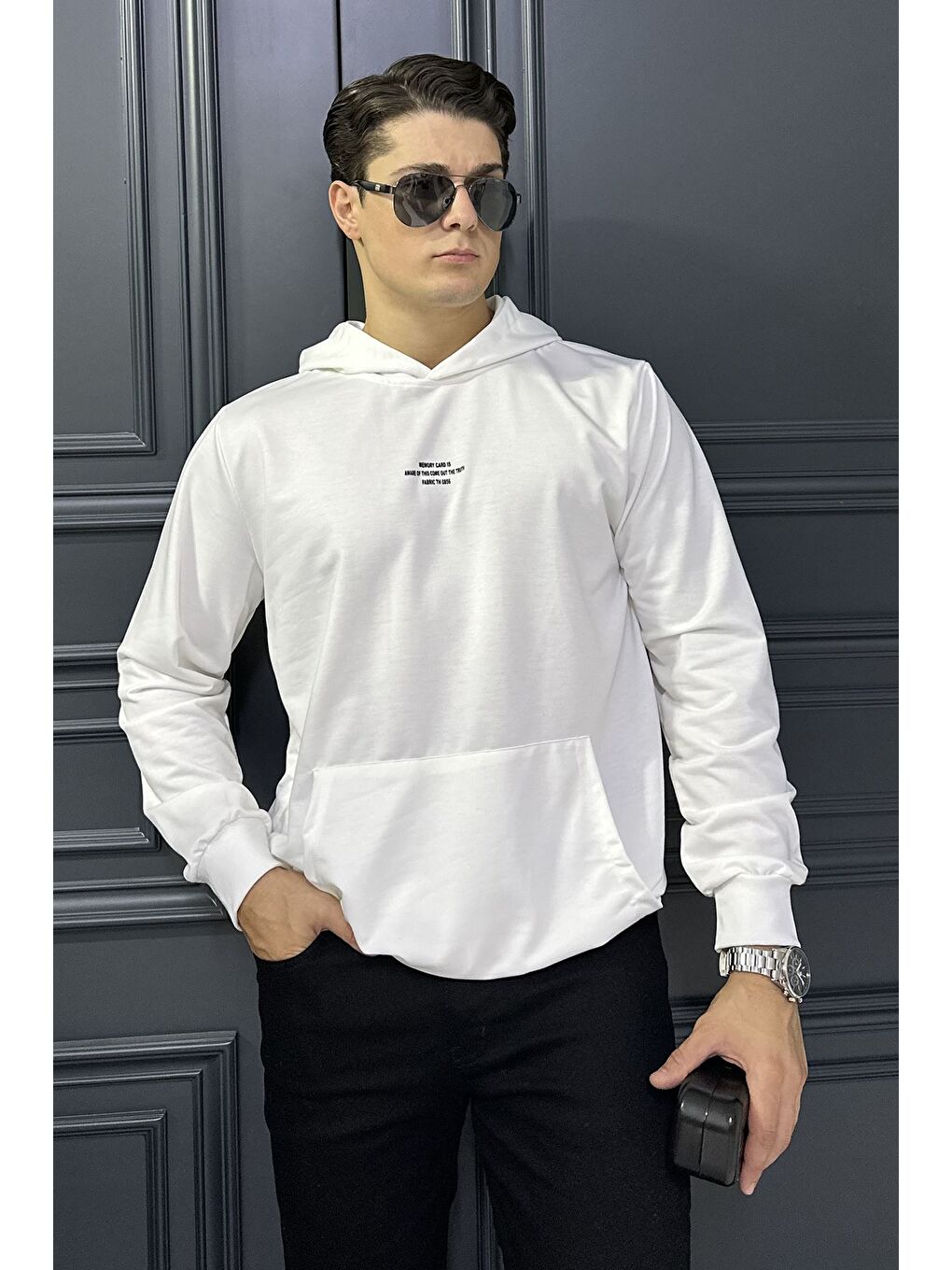 Ekru Erkek Kapüşonlu Kanguru Cepli Sweatshirt