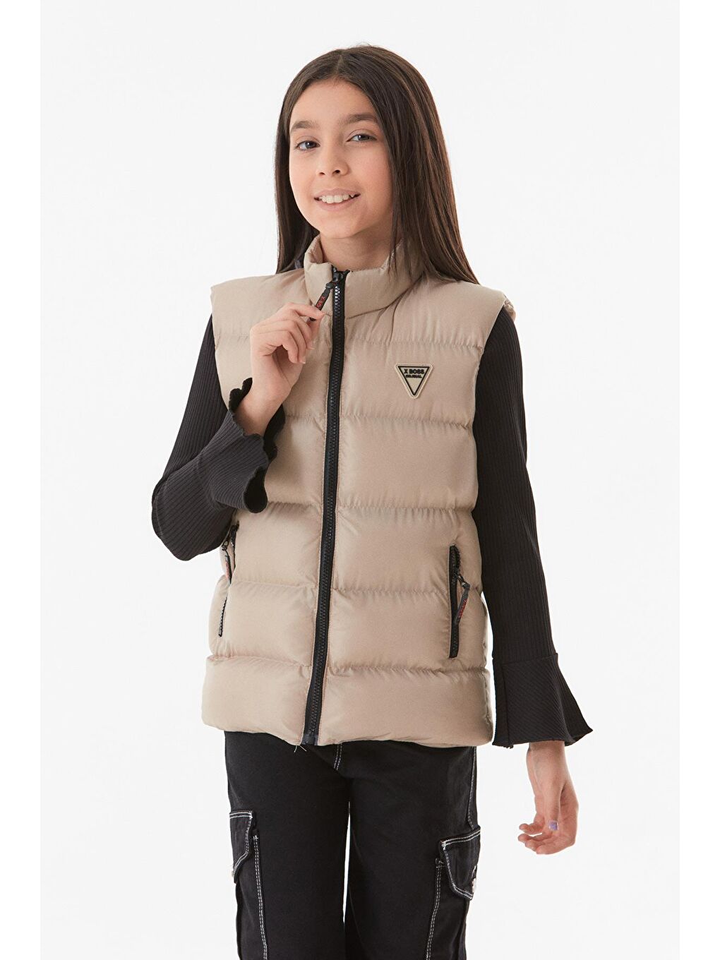 Bej Fermuarlı Dik Yaka Unisex Çocuk Yelek-2