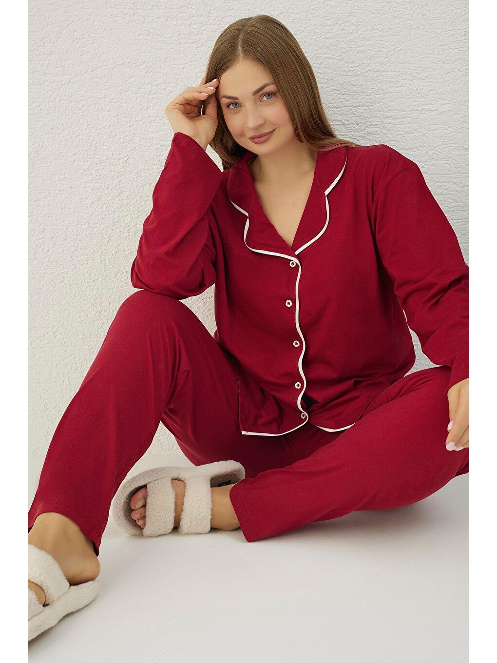 Bordo Büyük Beden Pamuklu Düğmeli Pijama Takım