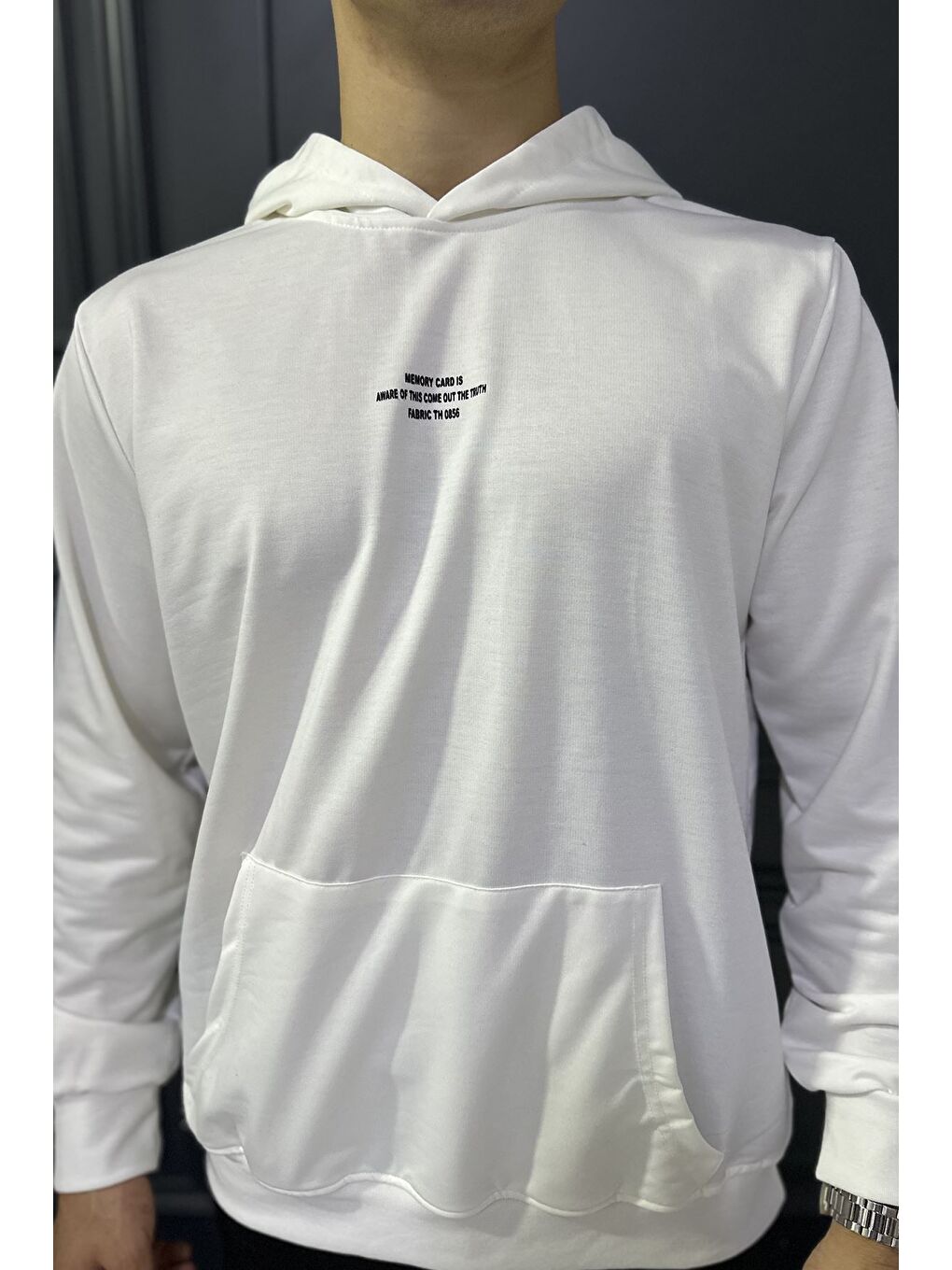 Ekru Erkek Kapüşonlu Kanguru Cepli Sweatshirt-2