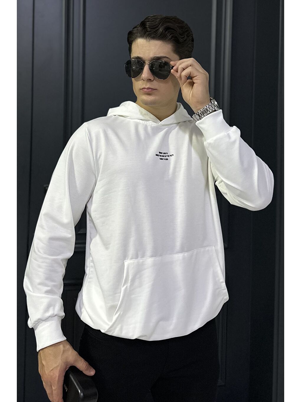 Ekru Erkek Kapüşonlu Kanguru Cepli Sweatshirt-3