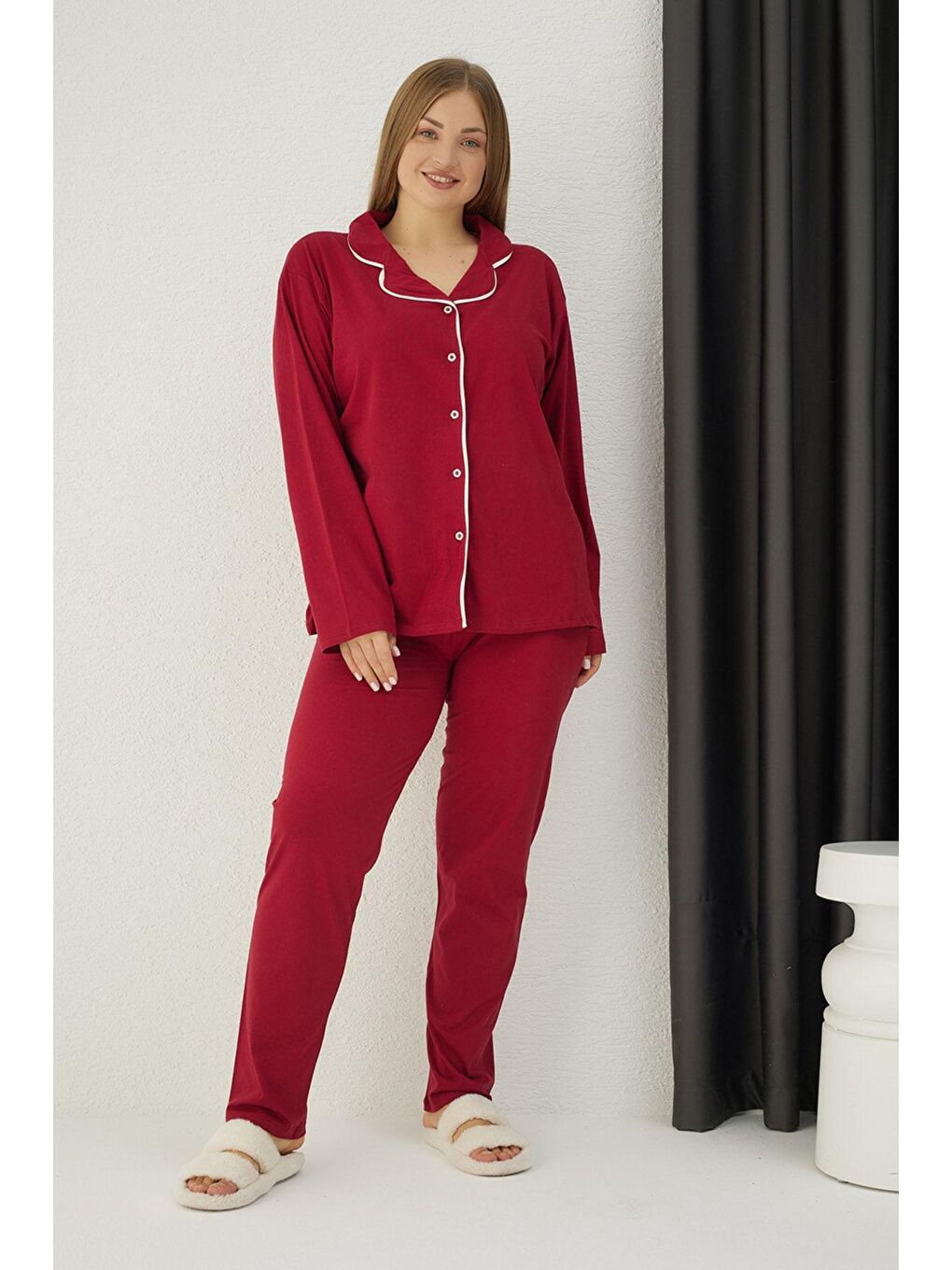 Bordo Büyük Beden Pamuklu Düğmeli Pijama Takım-2
