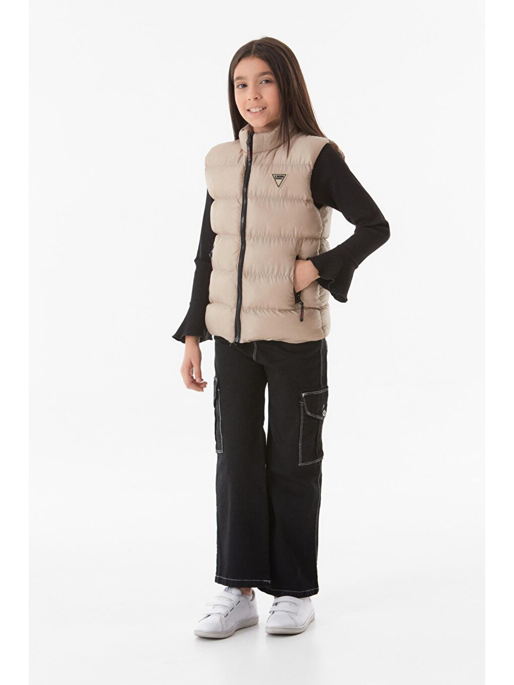 Bej Fermuarlı Dik Yaka Unisex Çocuk Yelek-4