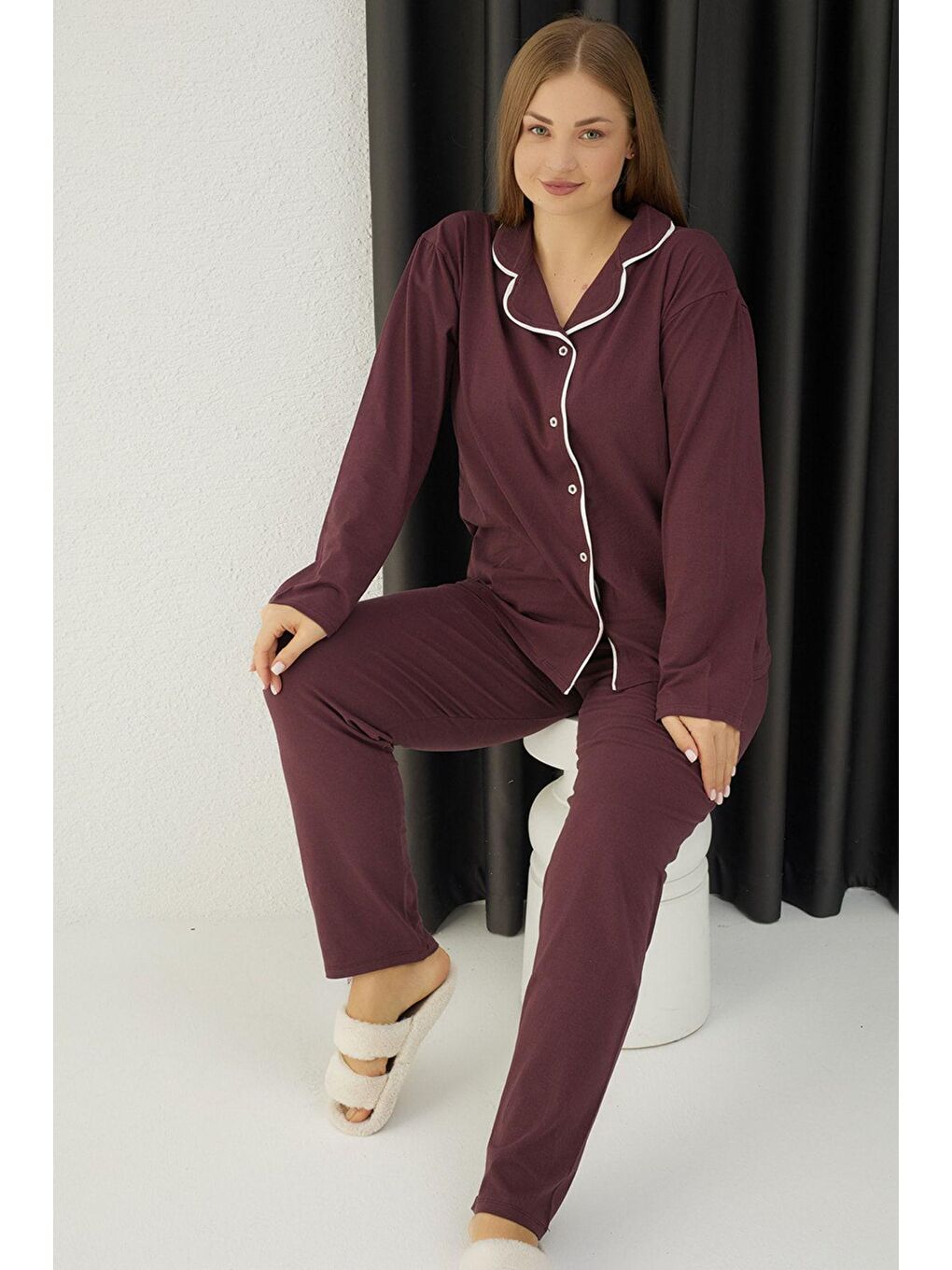 Mürdüm Büyük Beden Pamuklu Düğmeli Pijama Takım-1