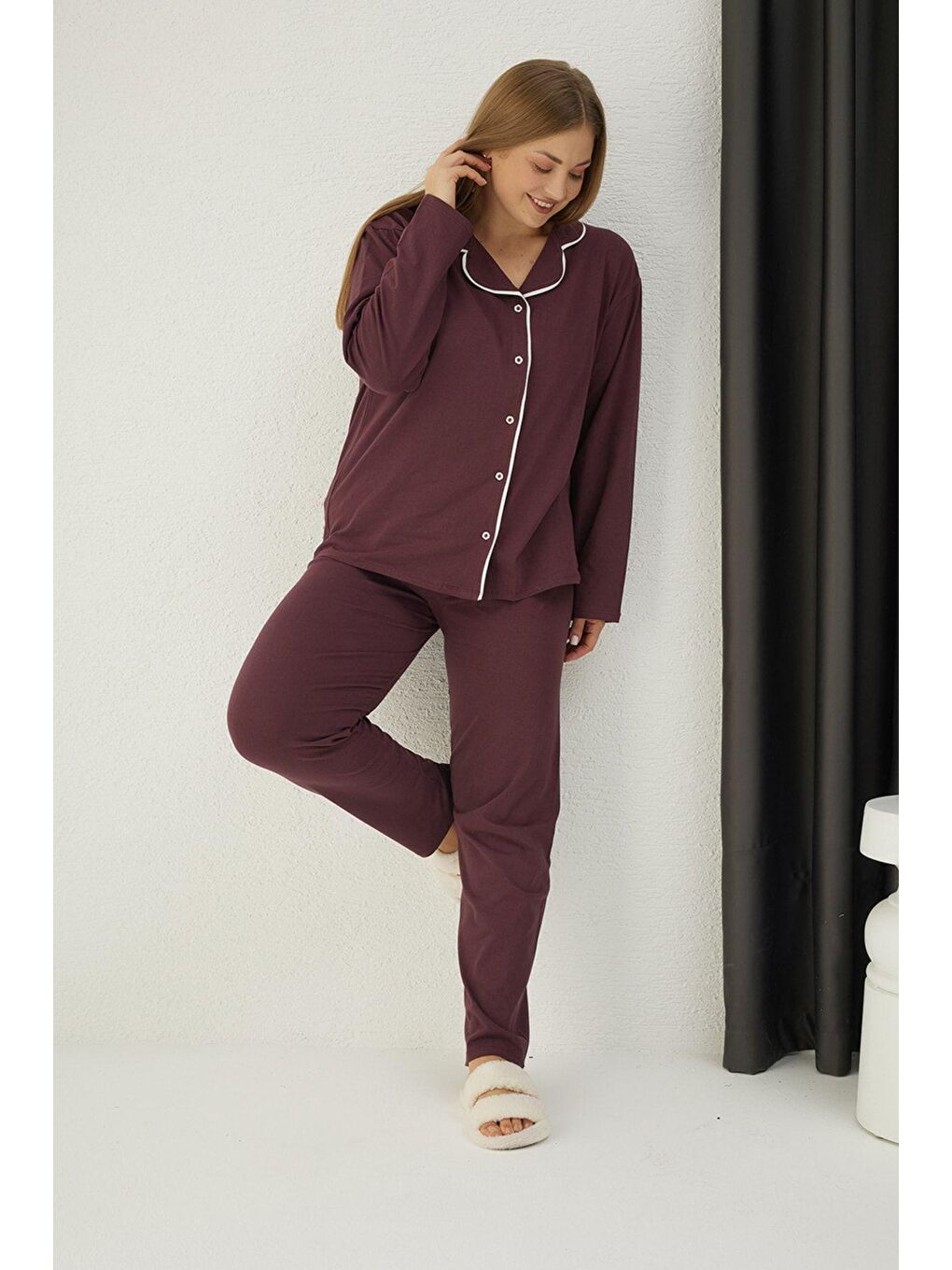 Mürdüm Büyük Beden Pamuklu Düğmeli Pijama Takım-2