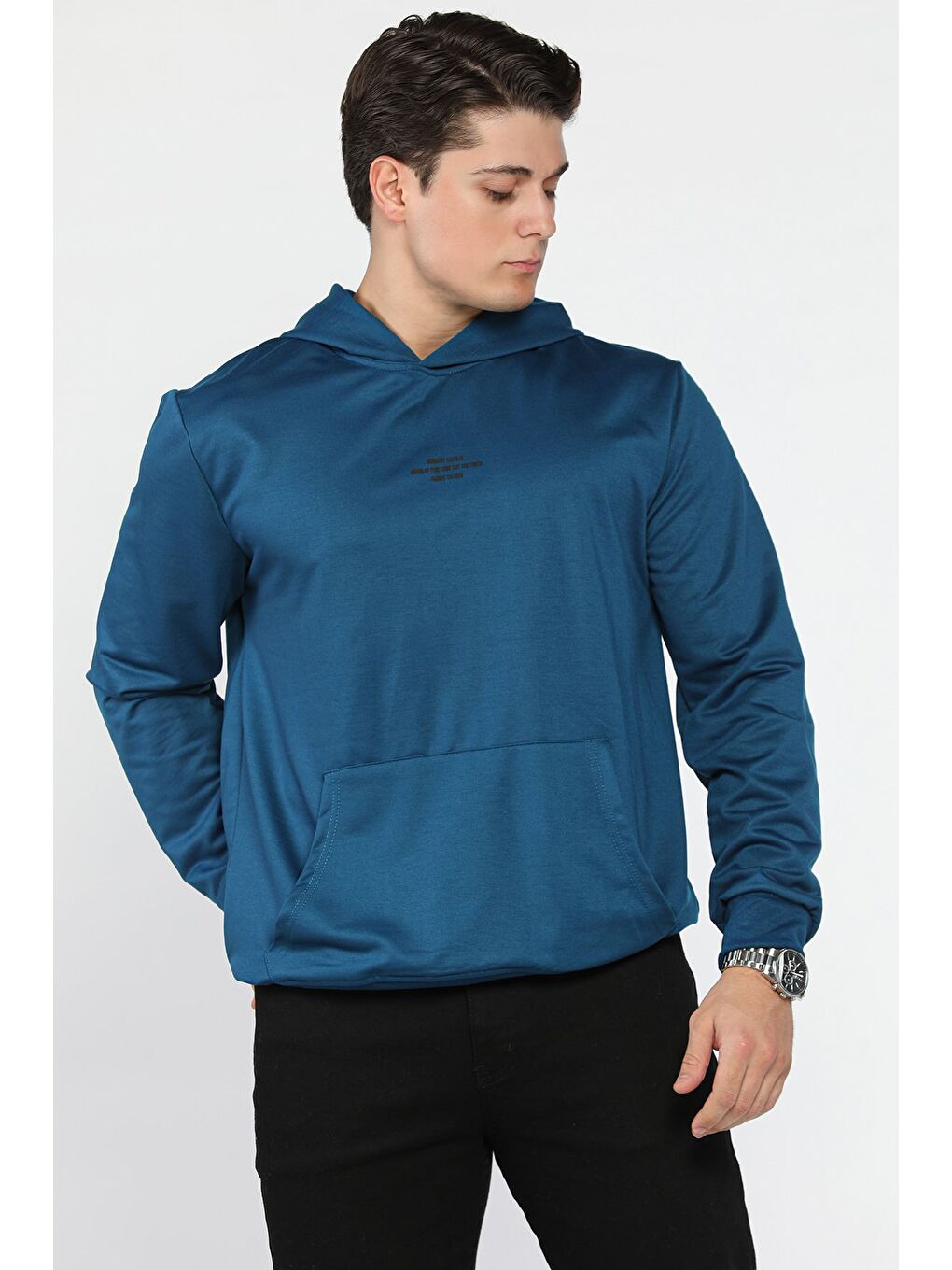 Petrol Erkek Kapüşonlu Kanguru Cepli Sweatshirt-1