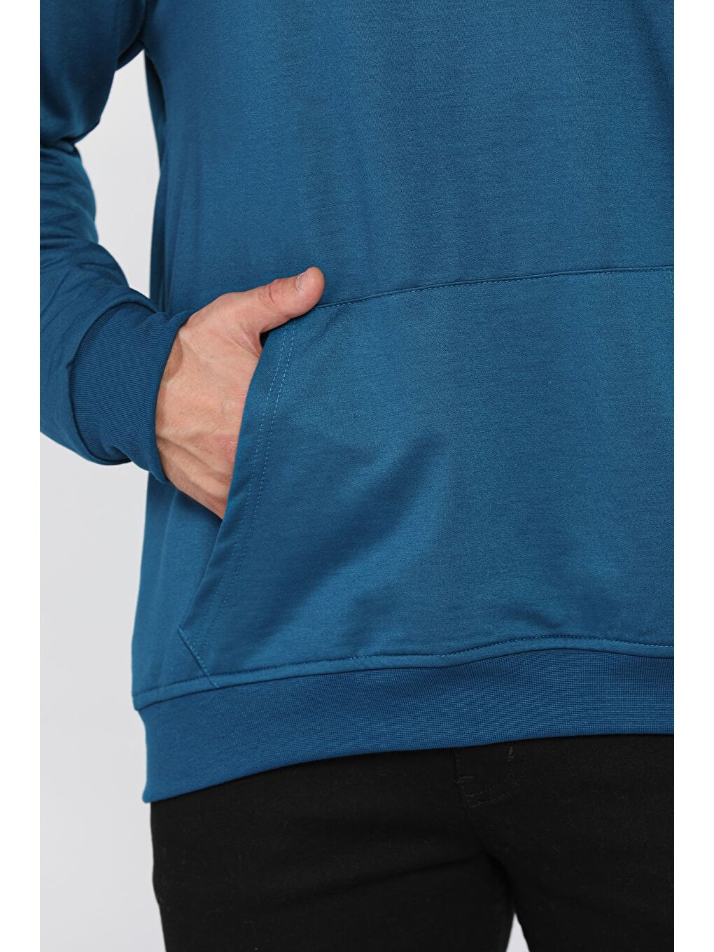 Petrol Erkek Kapüşonlu Kanguru Cepli Sweatshirt-3