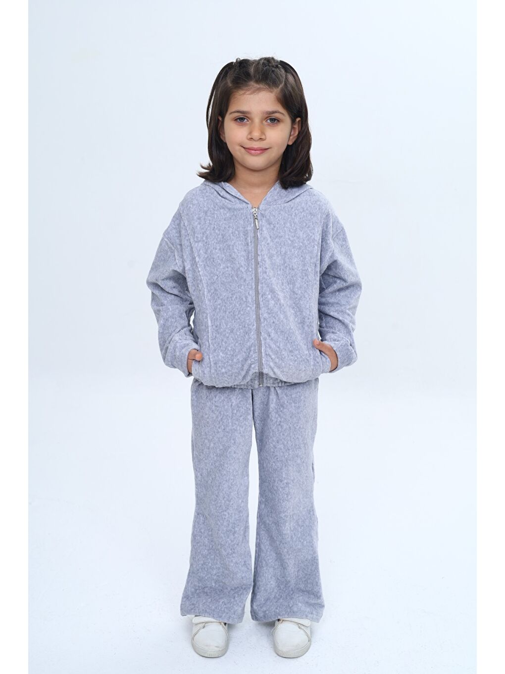 Gri Kız Çocuk 2'li Takım Kapüşonlu Fermuarlı Cepli Sweatshirt & Beli Lastikli Bol Paça Eşofman Altı - Ka