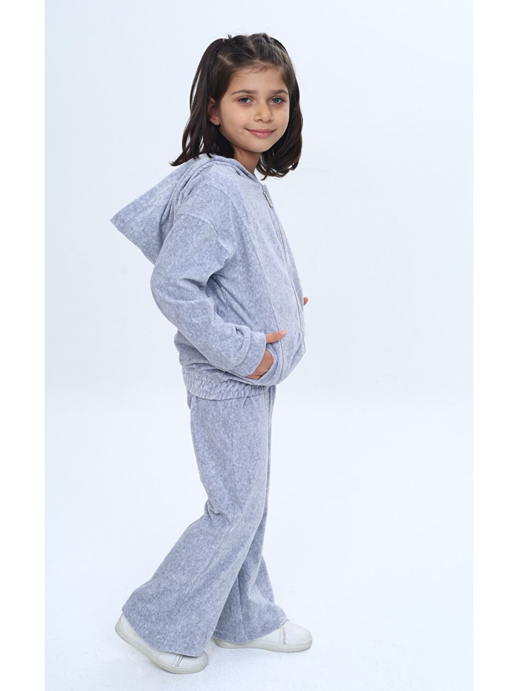 Gri Kız Çocuk 2'li Takım Kapüşonlu Fermuarlı Cepli Sweatshirt & Beli Lastikli Bol Paça Eşofman Altı - Ka-1