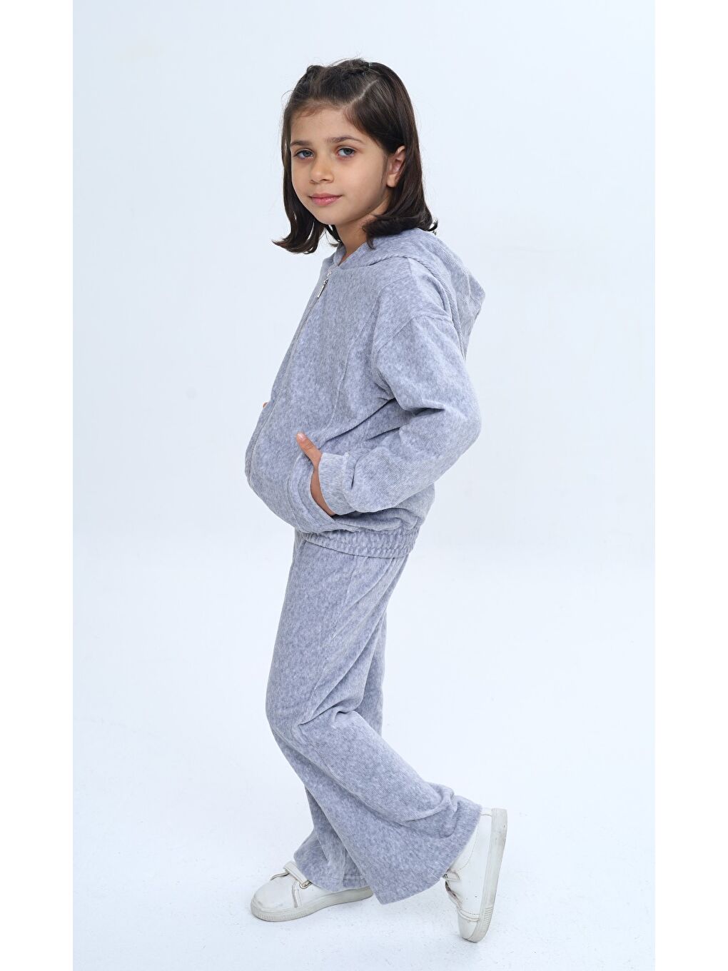 Gri Kız Çocuk 2'li Takım Kapüşonlu Fermuarlı Cepli Sweatshirt & Beli Lastikli Bol Paça Eşofman Altı - Ka-2