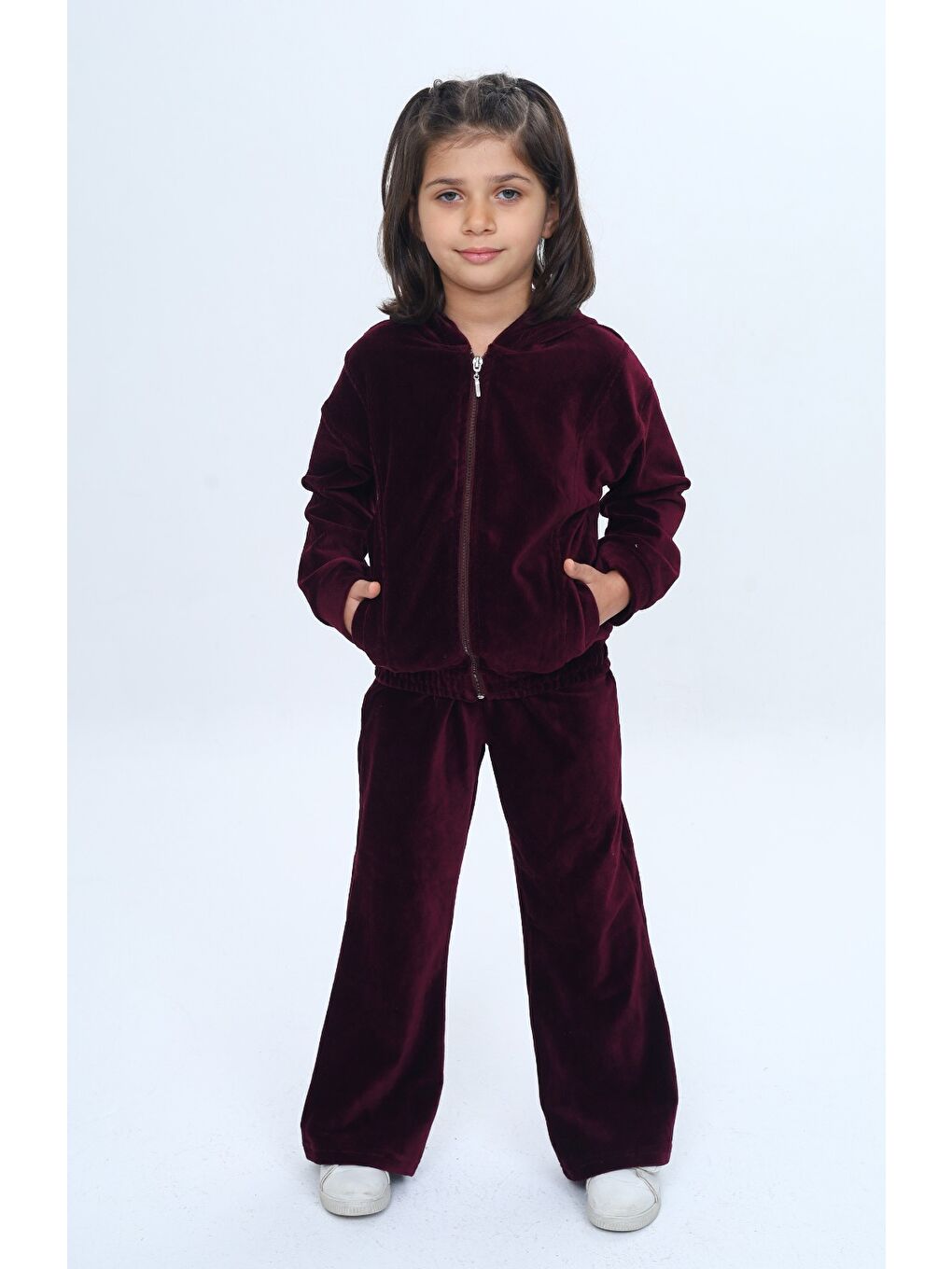 Bordo Kız Çocuk 2'li Takım Kapüşonlu Fermuarlı Cepli Sweatshirt & Beli Lastikli Bol Paça Eşofman Altı - Ka