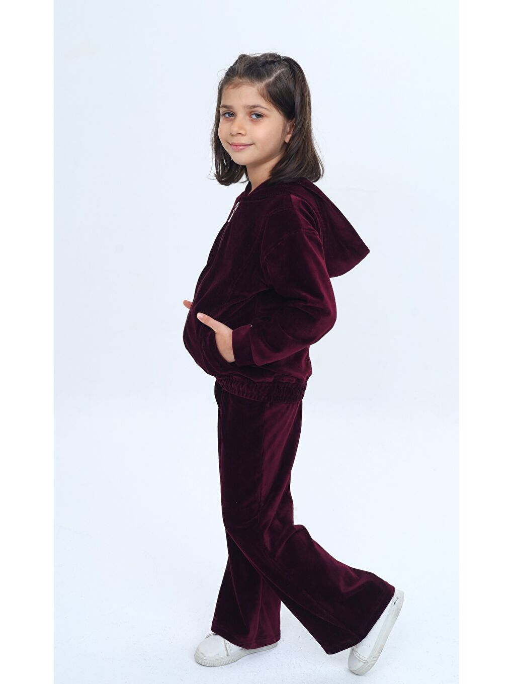 Bordo Kız Çocuk 2'li Takım Kapüşonlu Fermuarlı Cepli Sweatshirt & Beli Lastikli Bol Paça Eşofman Altı - Ka-1