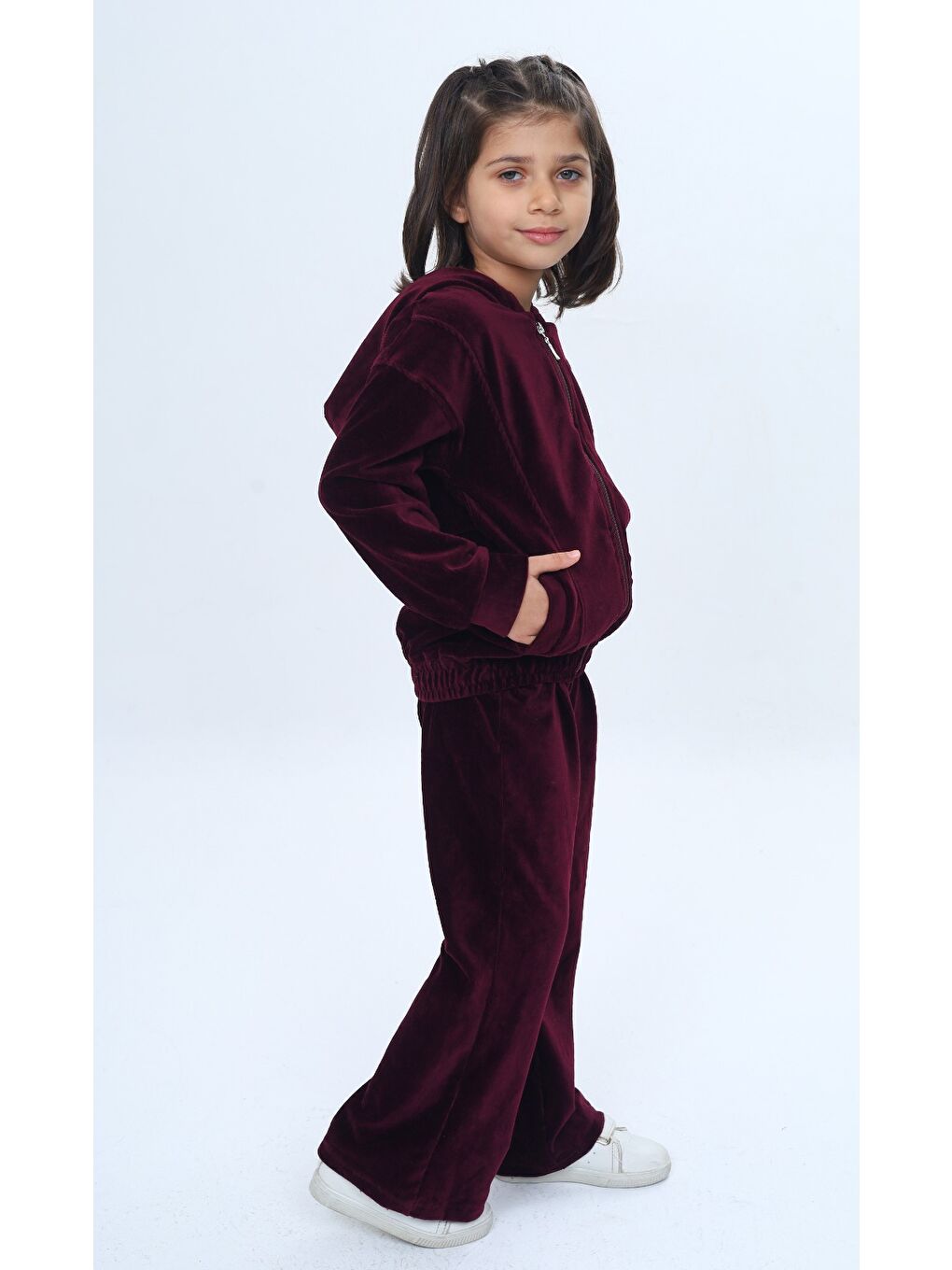 Bordo Kız Çocuk 2'li Takım Kapüşonlu Fermuarlı Cepli Sweatshirt & Beli Lastikli Bol Paça Eşofman Altı - Ka-2