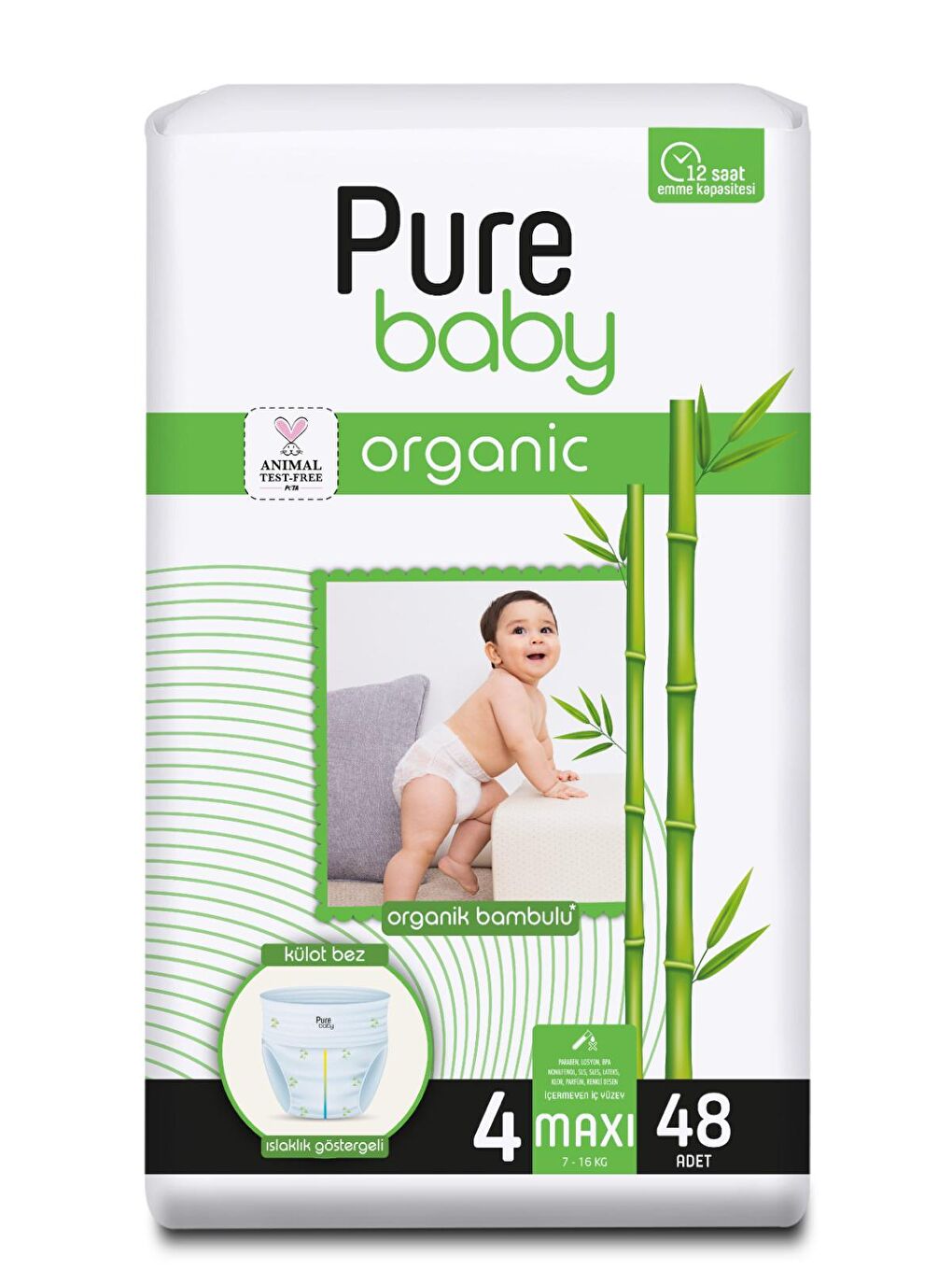 Pure Baby Renksiz Organik Bambu Özlü Külot Bez Tekli Paket 4 Numara Maxi 48 Adet - 1