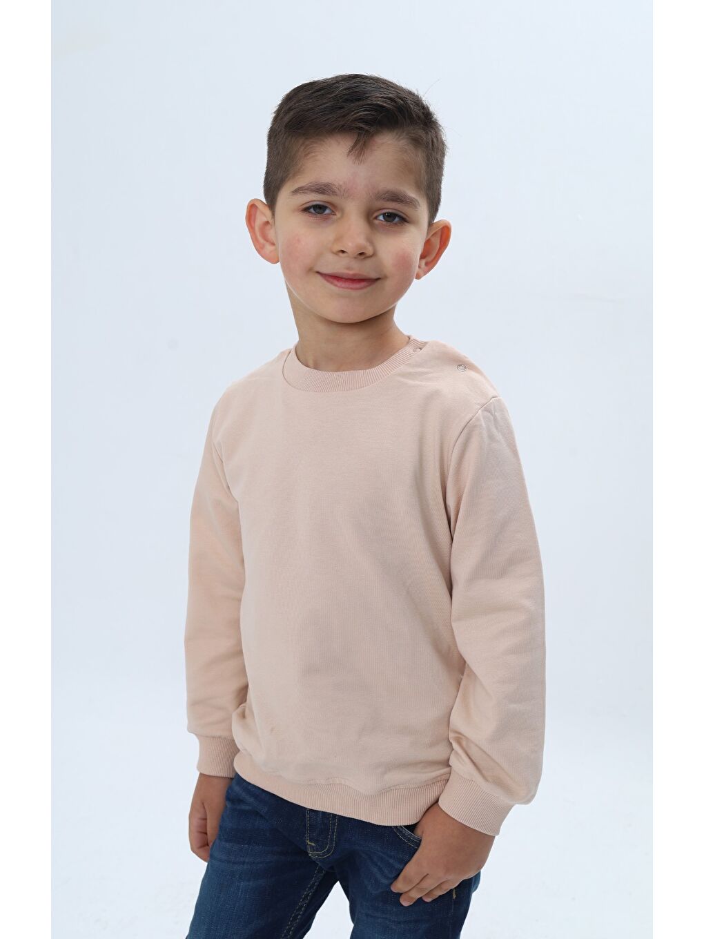 Bej Erkek Çocuk Relax Fit Bisiklet Yaka Omuzu Çıtçıtlı Sweatshirt-2