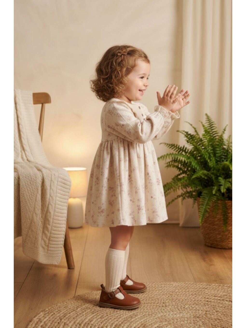 Bej Çiçek Desenli Vintage Müslin Bebek Elbisesi-1