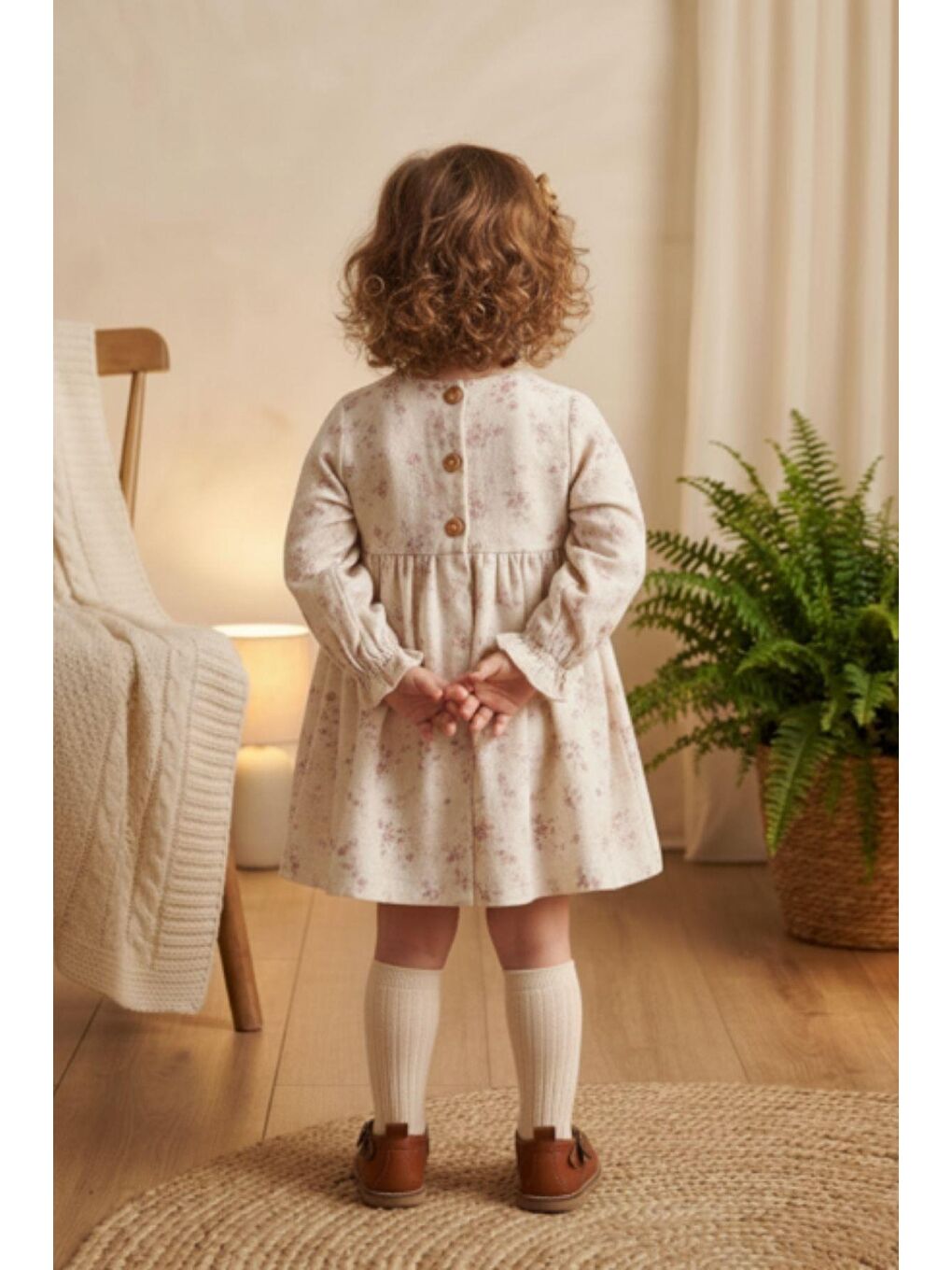 Bej Çiçek Desenli Vintage Müslin Bebek Elbisesi-2