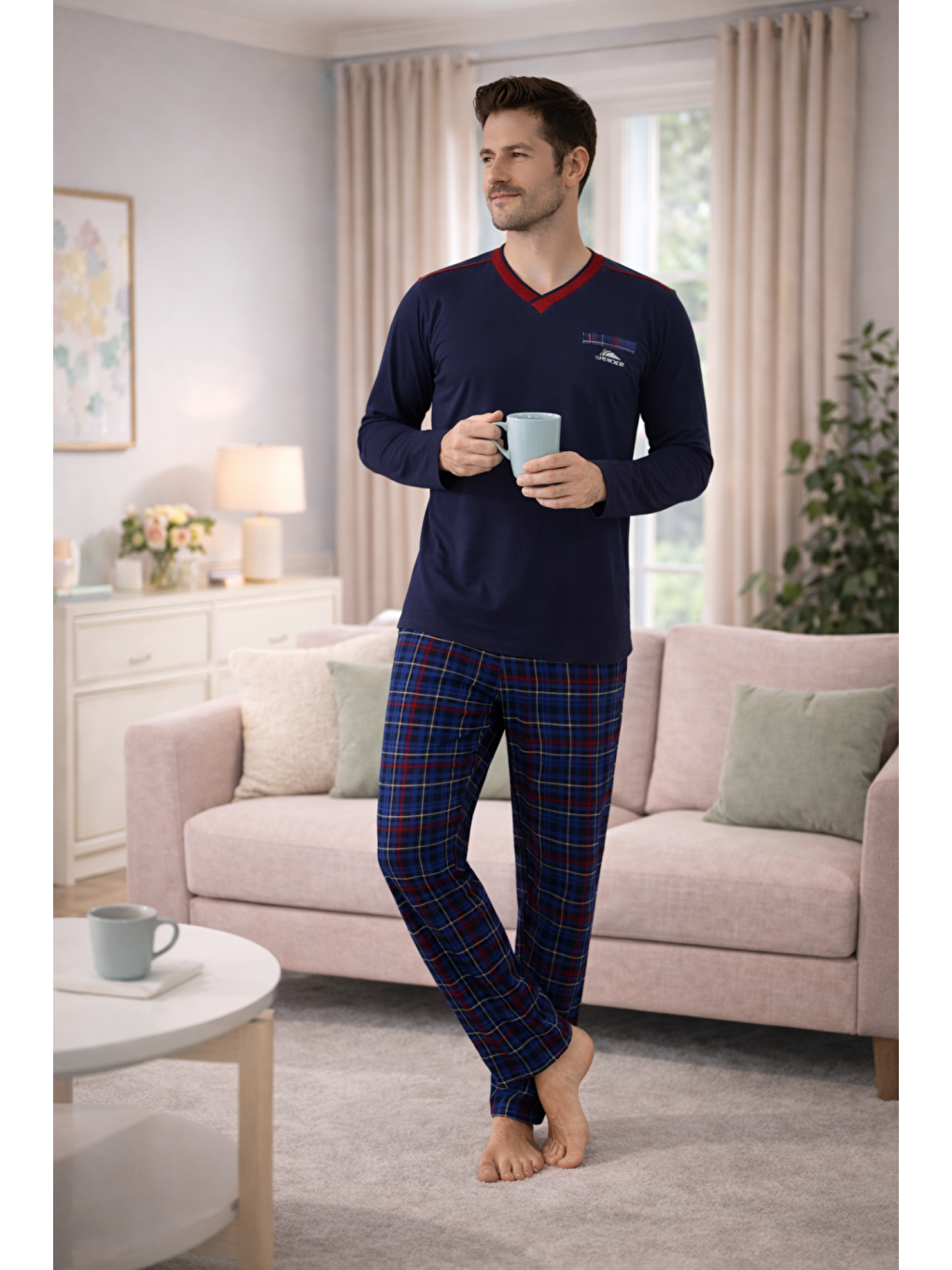 Lacivert Erkek %100 Doğal Pamuk Yüksek Kalite V Yaka Uzun Kollu Ekose Pijama Takımı-1