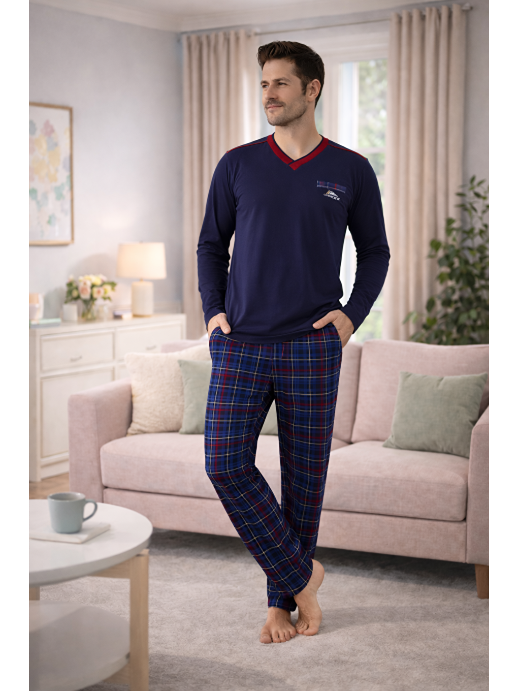 Lacivert Erkek %100 Doğal Pamuk Yüksek Kalite V Yaka Uzun Kollu Ekose Pijama Takımı-2
