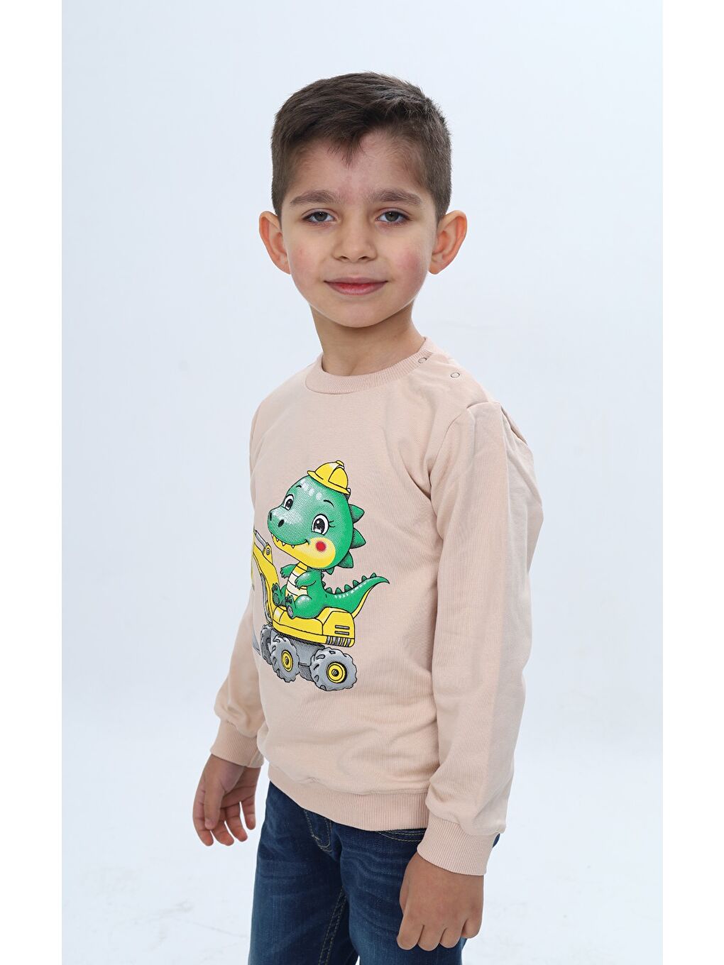 Bej Erkek Çocuk Relax Fit Bisiklet Yaka Omuzu Çıtçıtlı Baskılı Sweatshirt-1