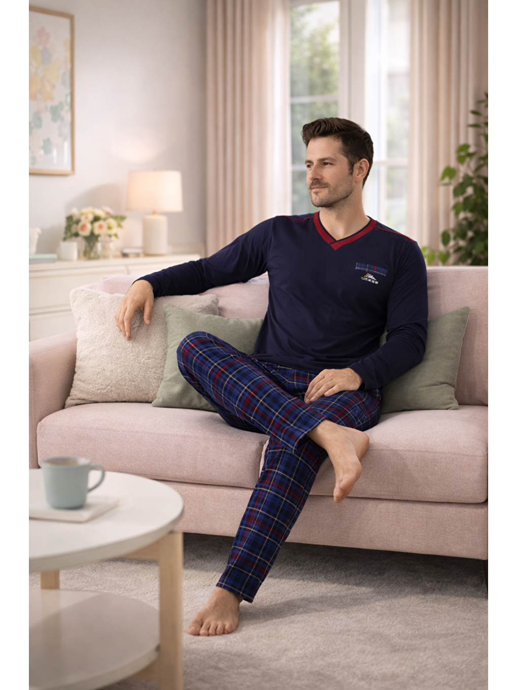 Lacivert Erkek %100 Doğal Pamuk Yüksek Kalite V Yaka Uzun Kollu Ekose Pijama Takımı-3