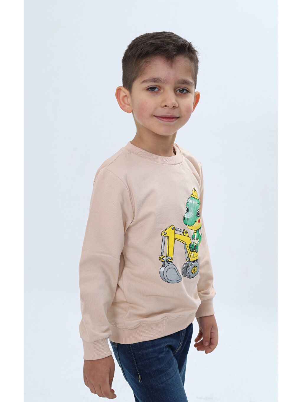 Bej Erkek Çocuk Relax Fit Bisiklet Yaka Omuzu Çıtçıtlı Baskılı Sweatshirt-2