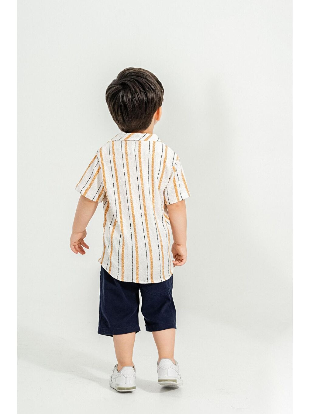 Sarı Tarz Gömlekli Çizgili Belden Ayarlanabilir Kısa Kollu Şortlu 2'li Takım-3