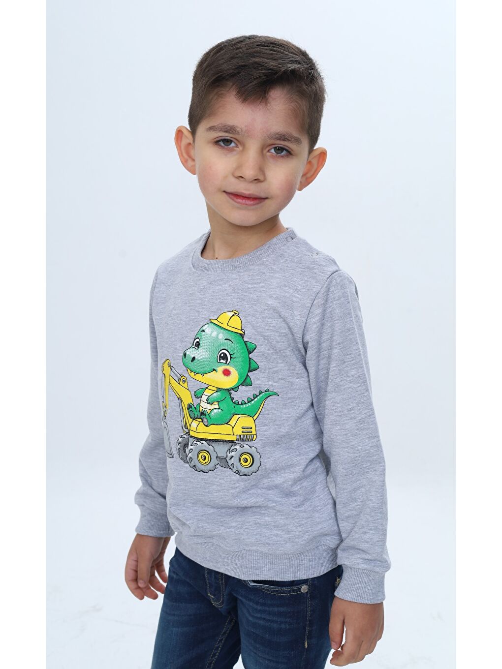 Gri Erkek Çocuk Relax Fit Bisiklet Yaka Omuzu Çıtçıtlı Baskılı Sweatshirt-1