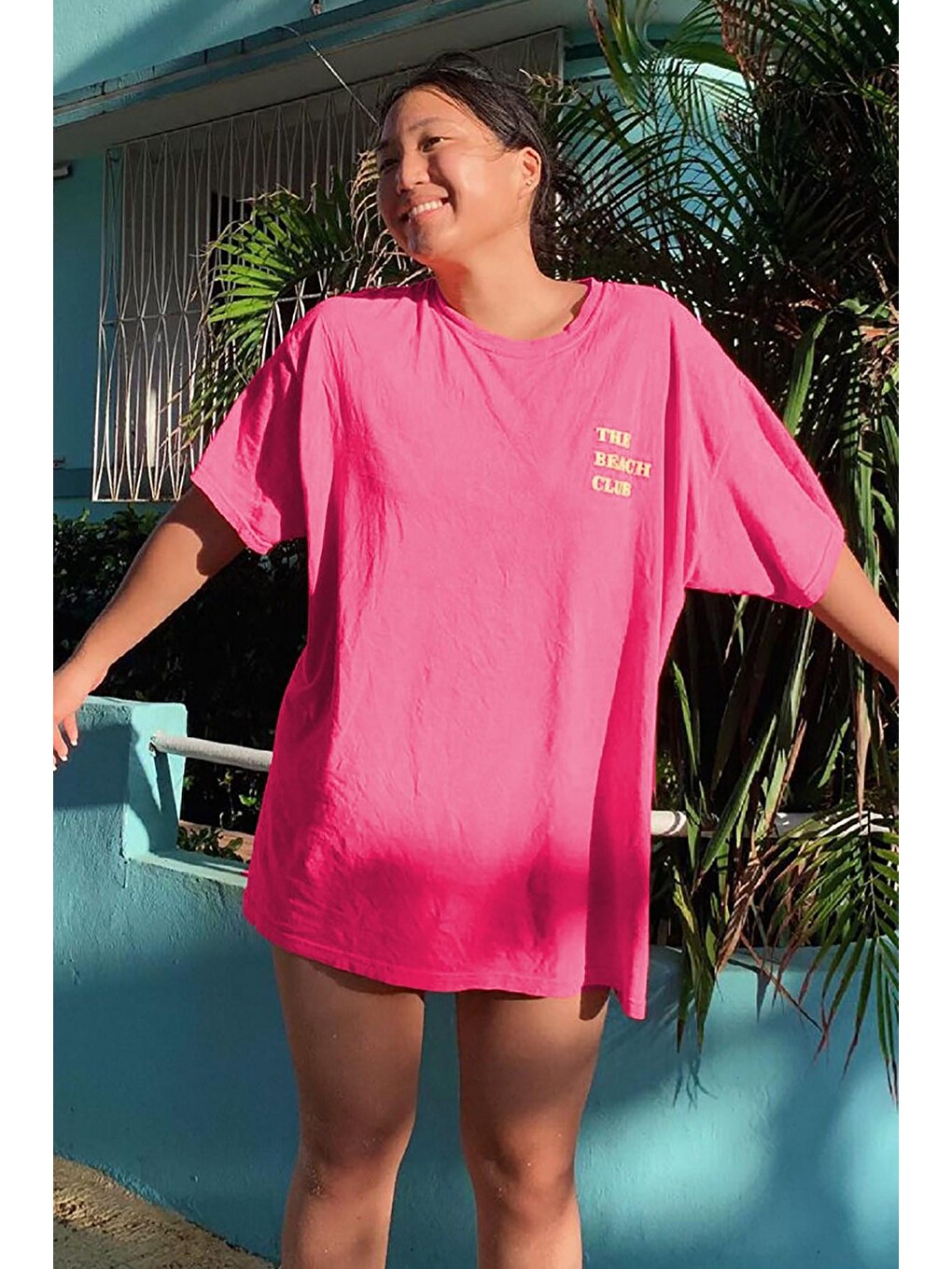 Pembe Baskılı Oversize Yuvarlak Yaka Kadın Tişört Mg1472