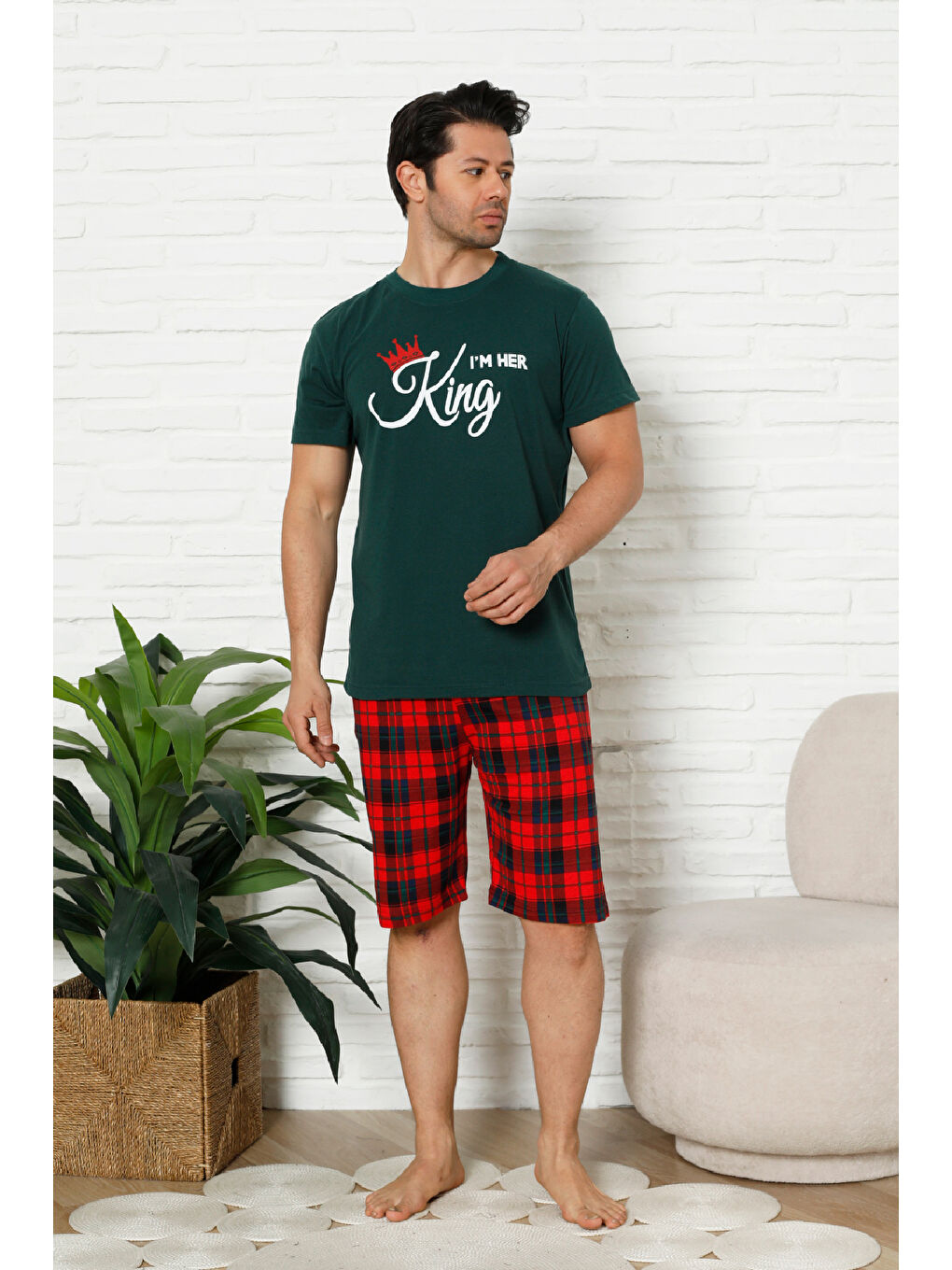 Petrol Erkek Pijama Takımı - Ekose Altlı (Diz Boyu) - 12425