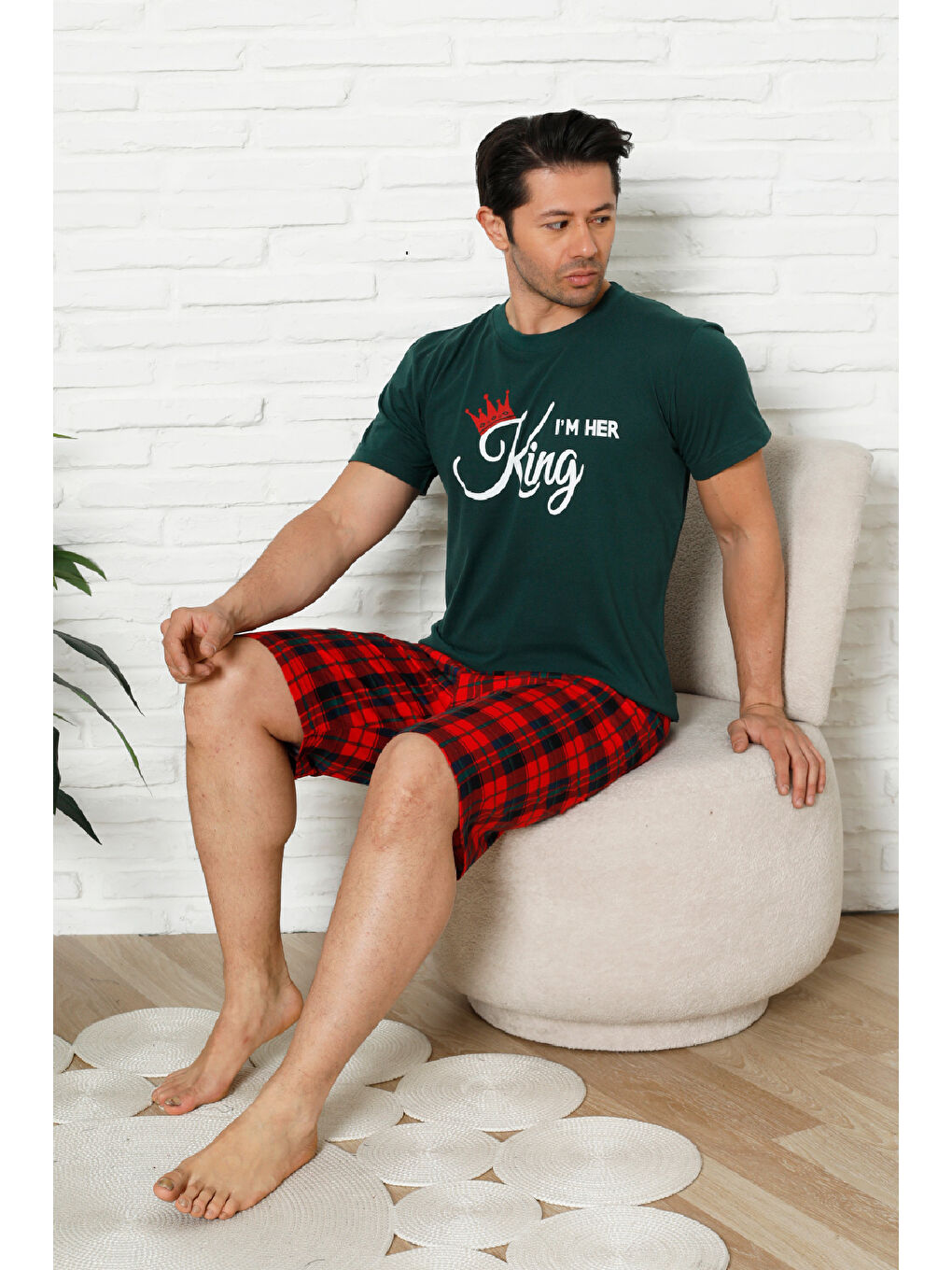 Petrol Erkek Pijama Takımı - Ekose Altlı (Diz Boyu) - 12425-1