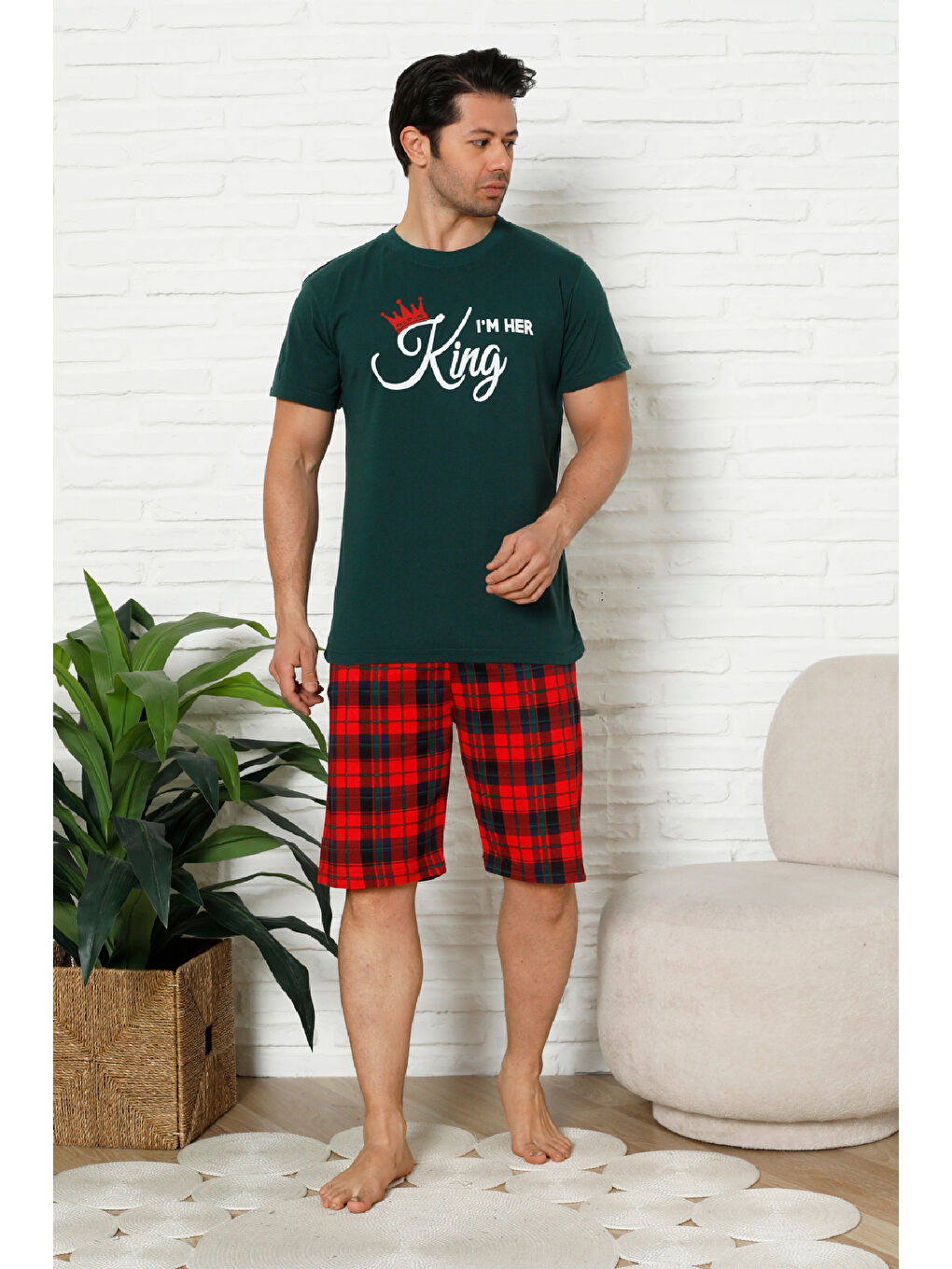 Petrol Erkek Pijama Takımı - Ekose Altlı (Diz Boyu) - 12425-2