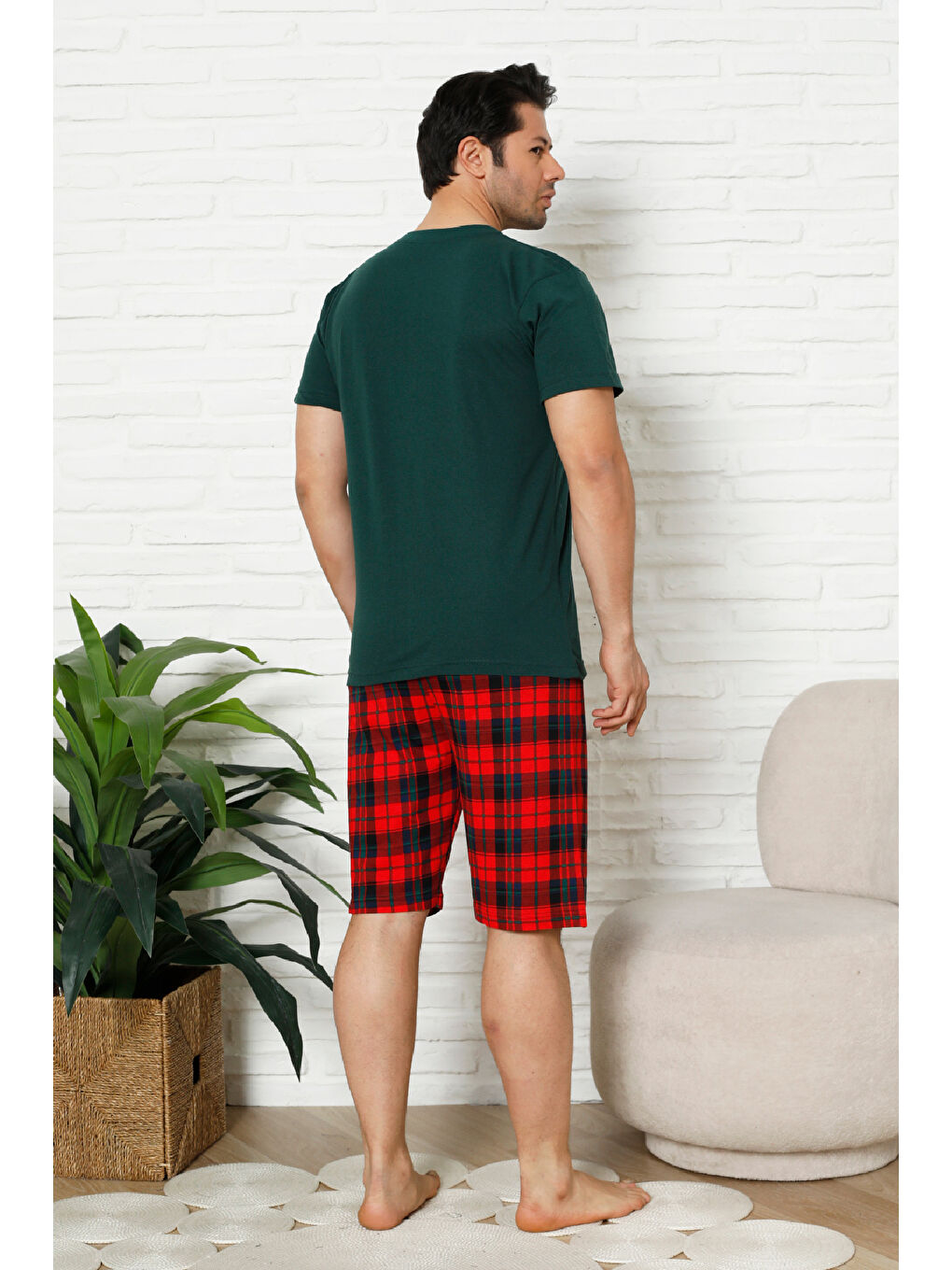 Petrol Erkek Pijama Takımı - Ekose Altlı (Diz Boyu) - 12425-3