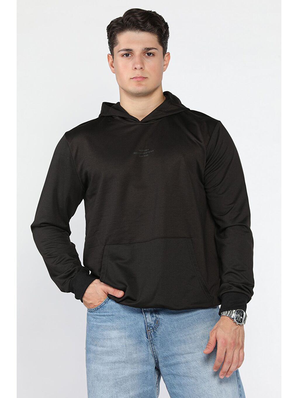 Siyah Erkek Kapüşonlu Kanguru Cepli Sweatshirt