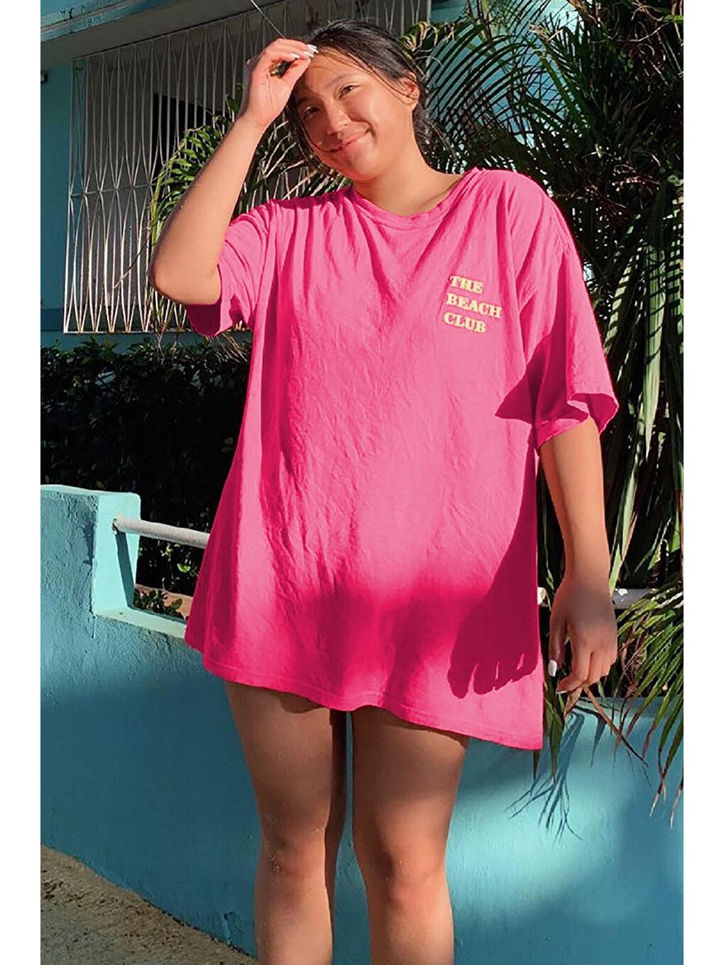 Pembe Baskılı Oversize Yuvarlak Yaka Kadın Tişört Mg1472-1